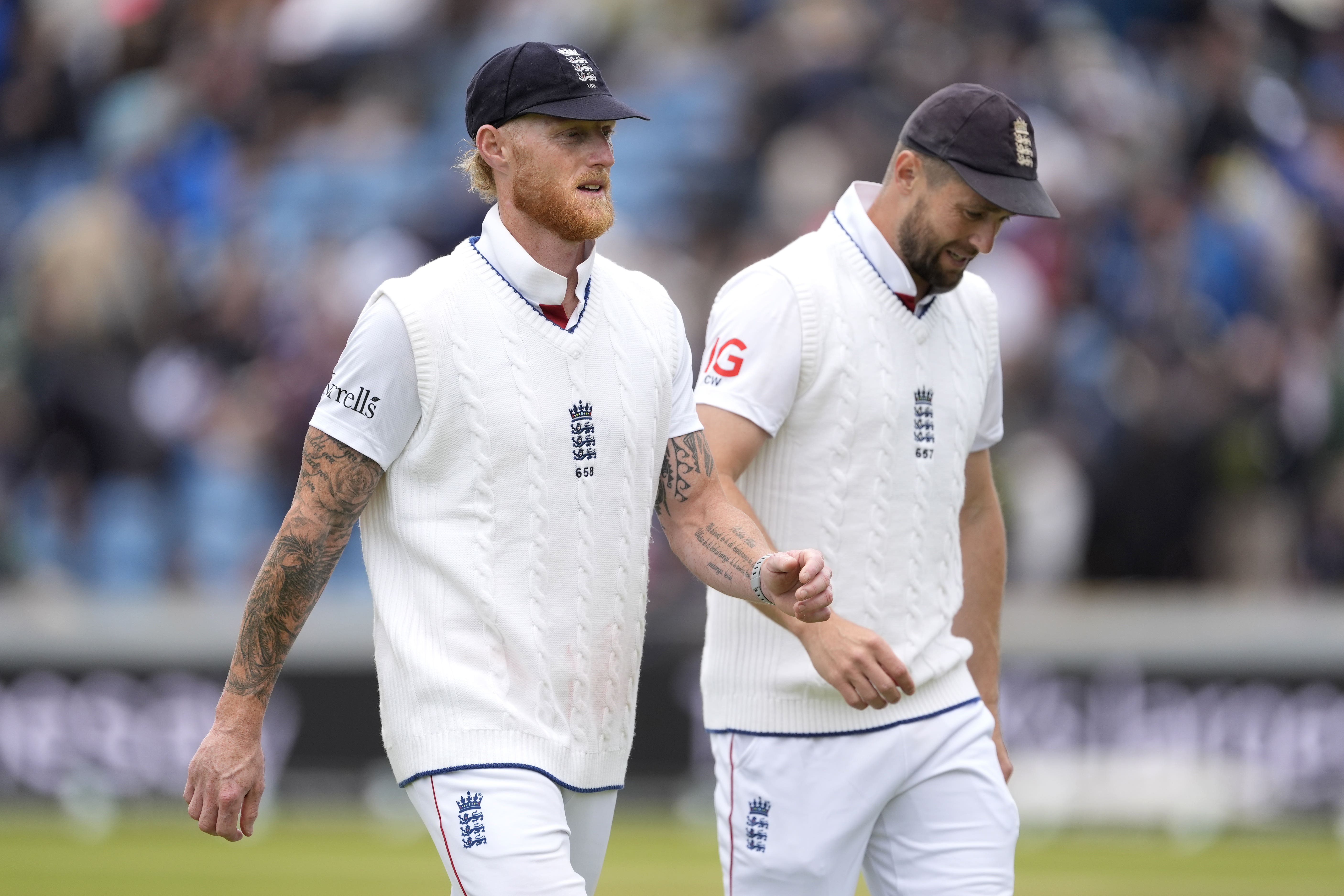 England’s Ben Stokes (left) and Chris Woakes walk off the field for lunch during day four of the first Rothesay Men’s Test match at Headingley, Leeds. Picture date: Monday June 23, 2025.