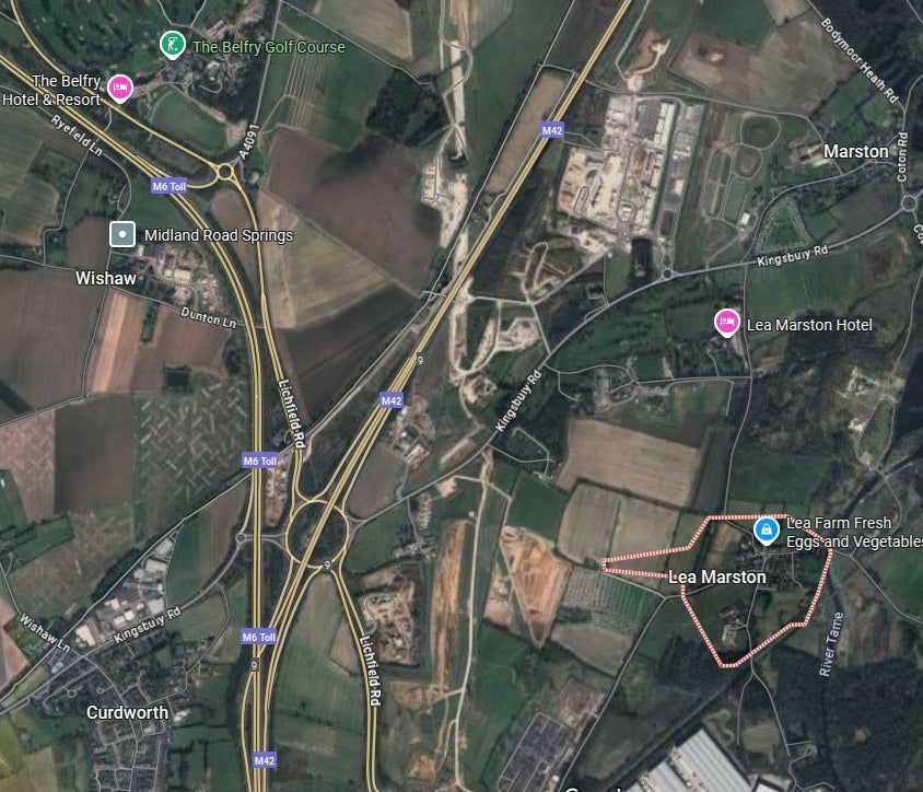 A vague line can be seen, showing the line the HS2 track will take between Lea Marston and the M42