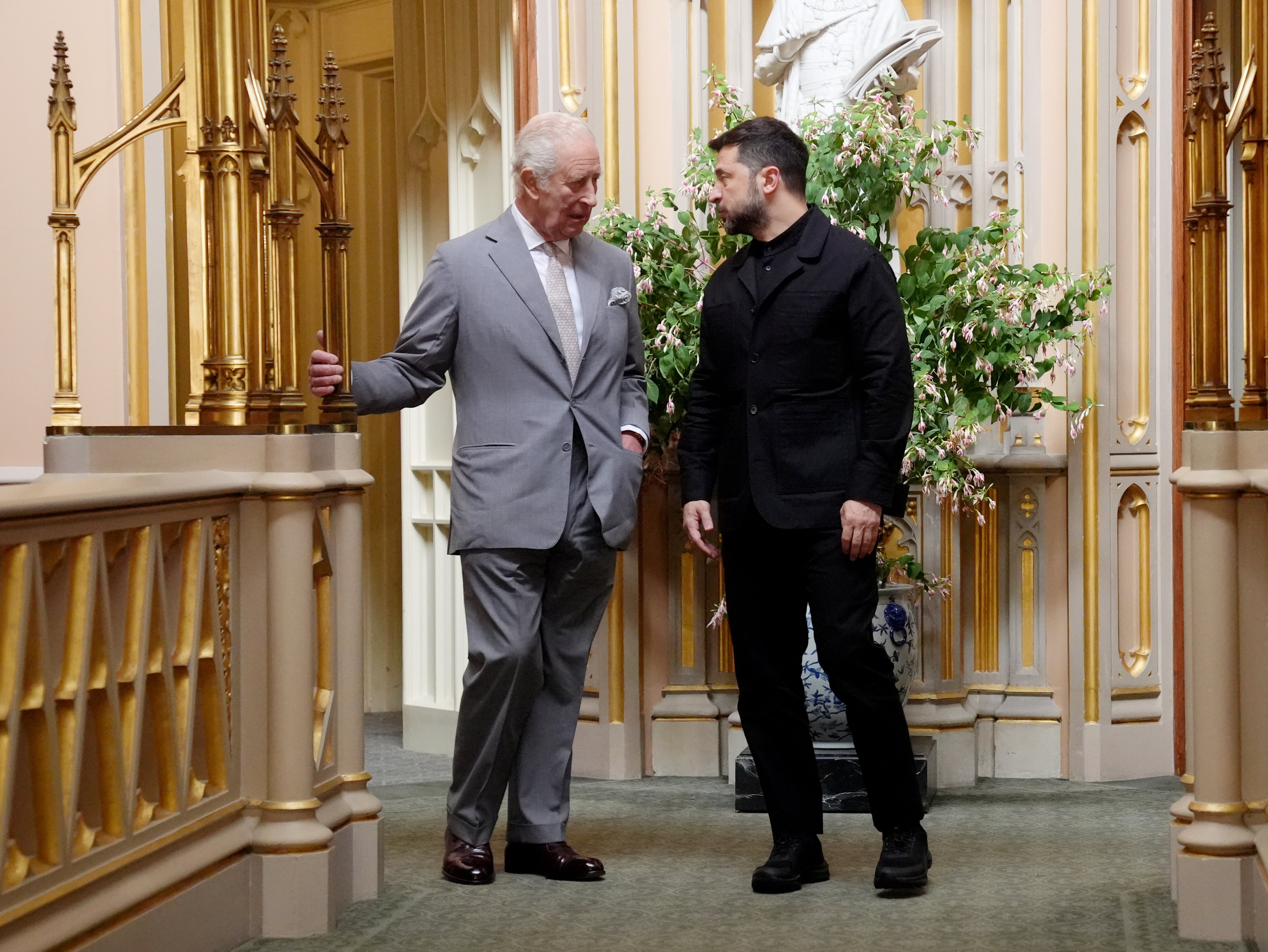 The two men chat inside the castle (Jonathan Brady/PA)