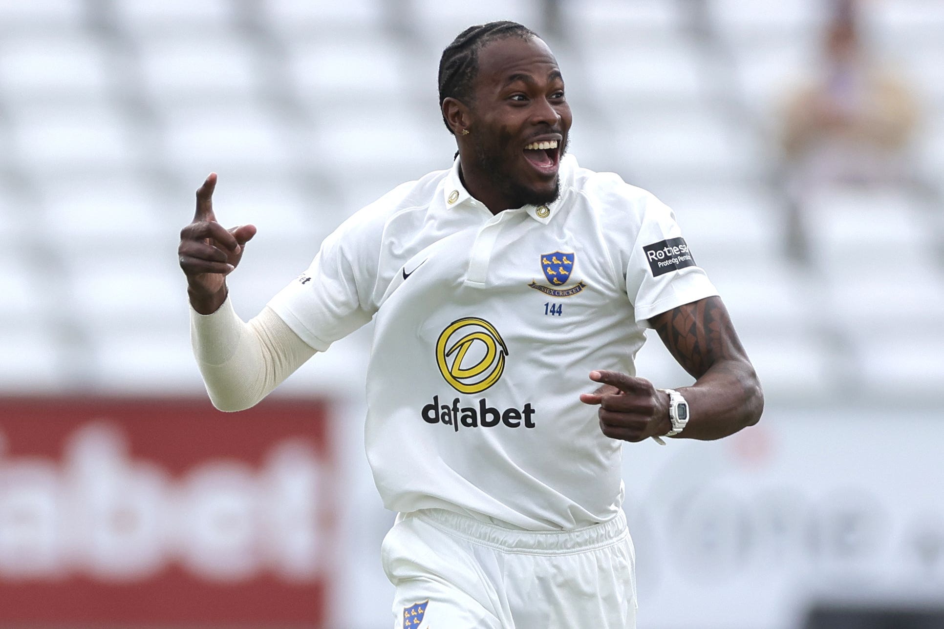 Sussex’s Jofra Archer celebrates after dismissing Durham’s Emilio Gay (Steve Welsh/PA)
