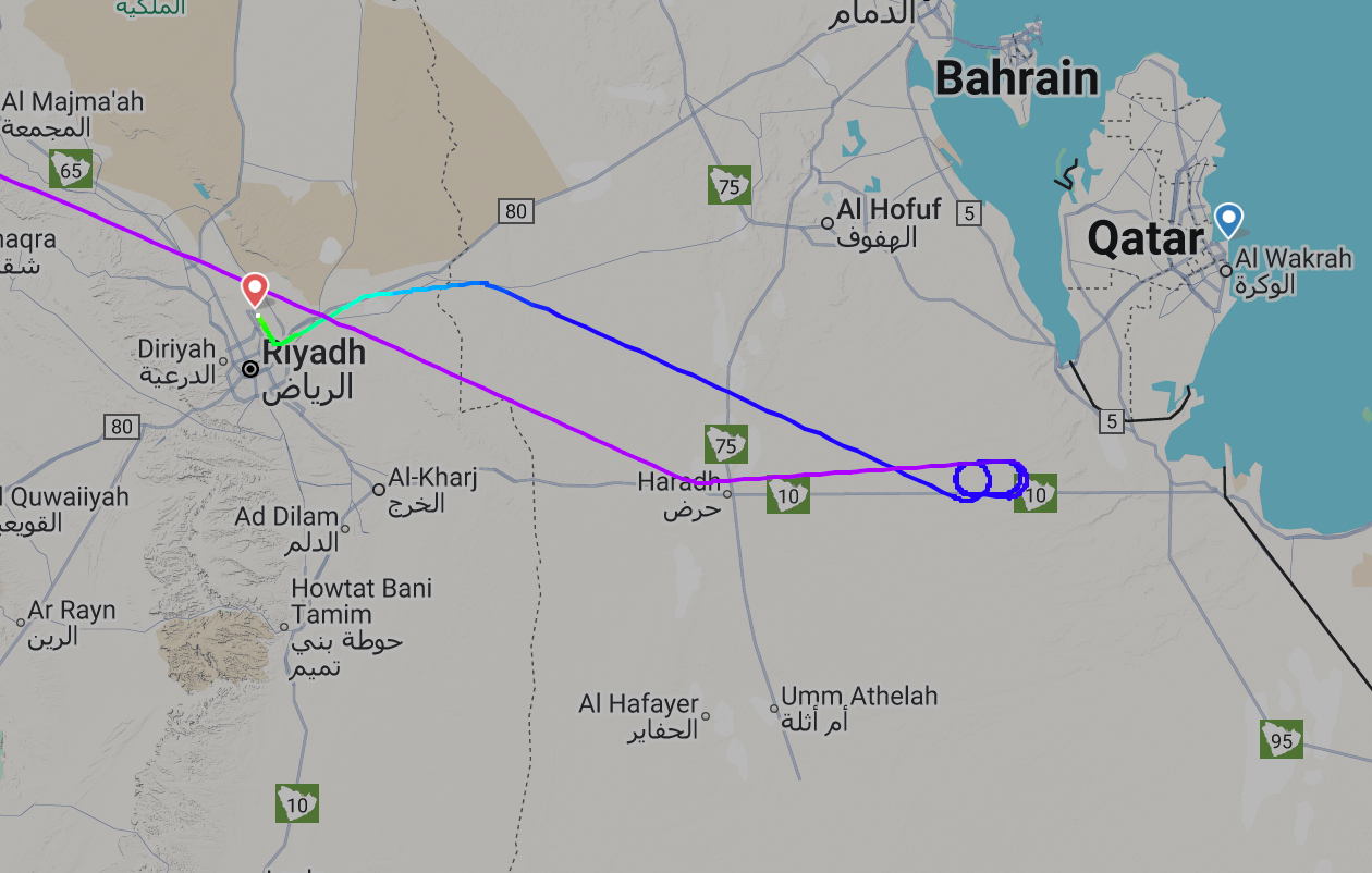 Flightpath of Qatar Airways flight QR330 from Gatwick to Doha, diverted to the Saudi Arabian capital, Riyadh