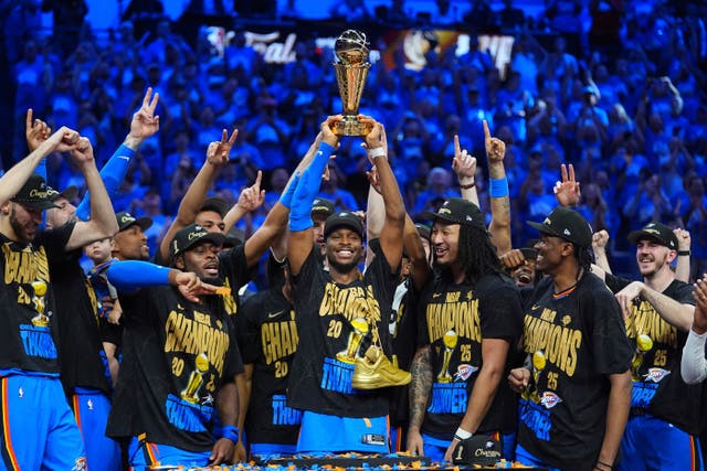 <p>Shai Gilgeous-Alexander (centre) was named finals MVP</p>