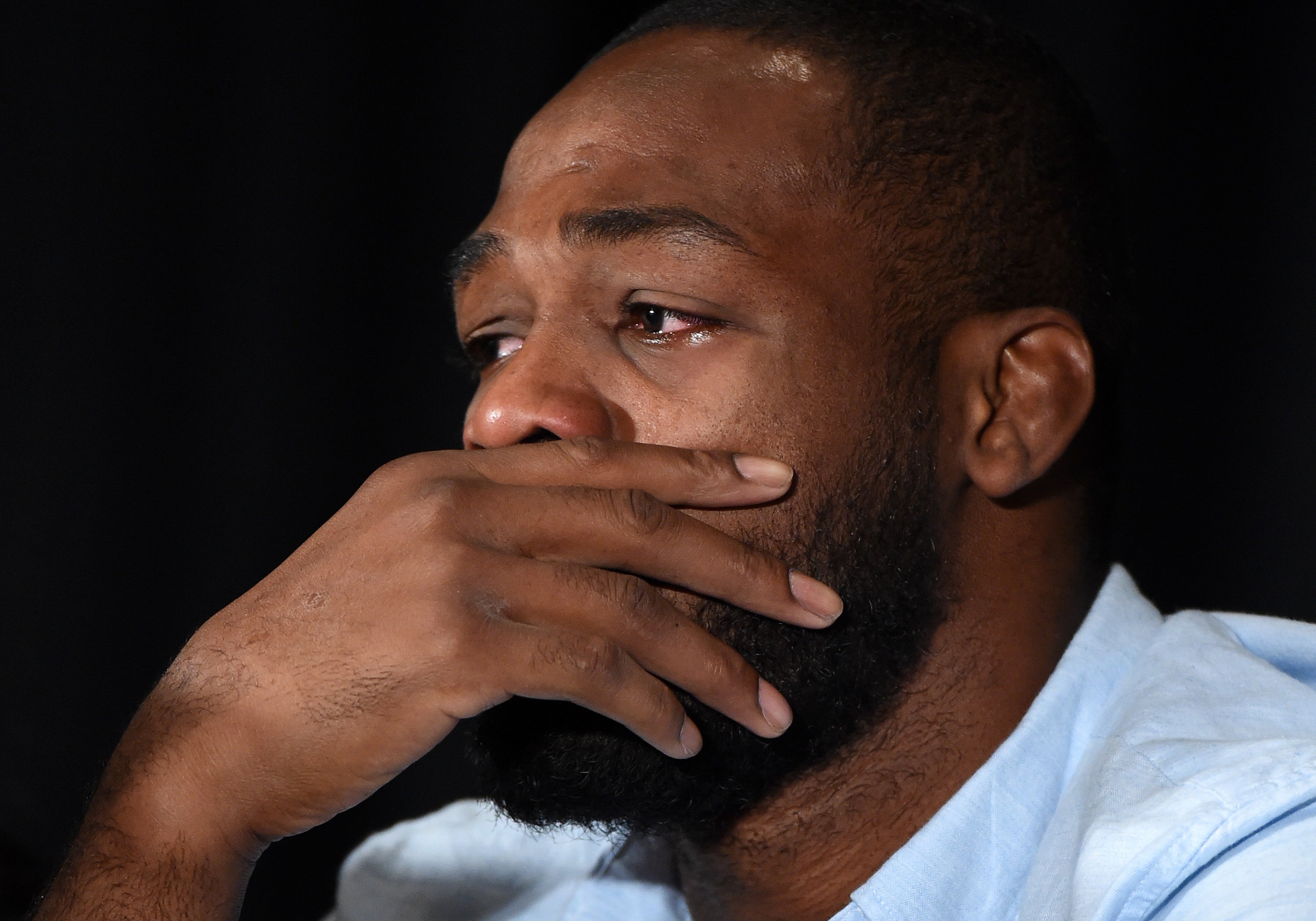 Jon Jones during a press conference after failing a drug test in 2016