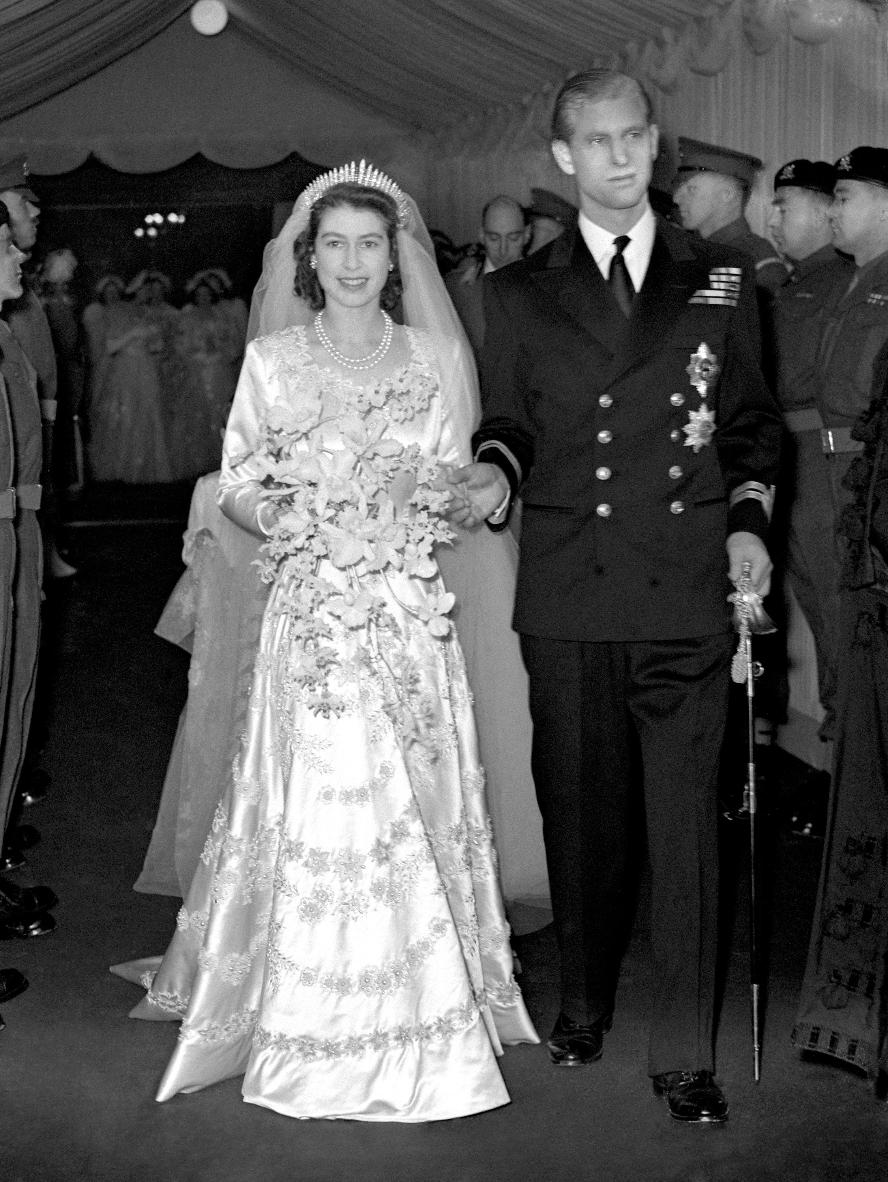 Princess Elizabeth wearing the Queen Mary Fringe Tiara on her wedding day