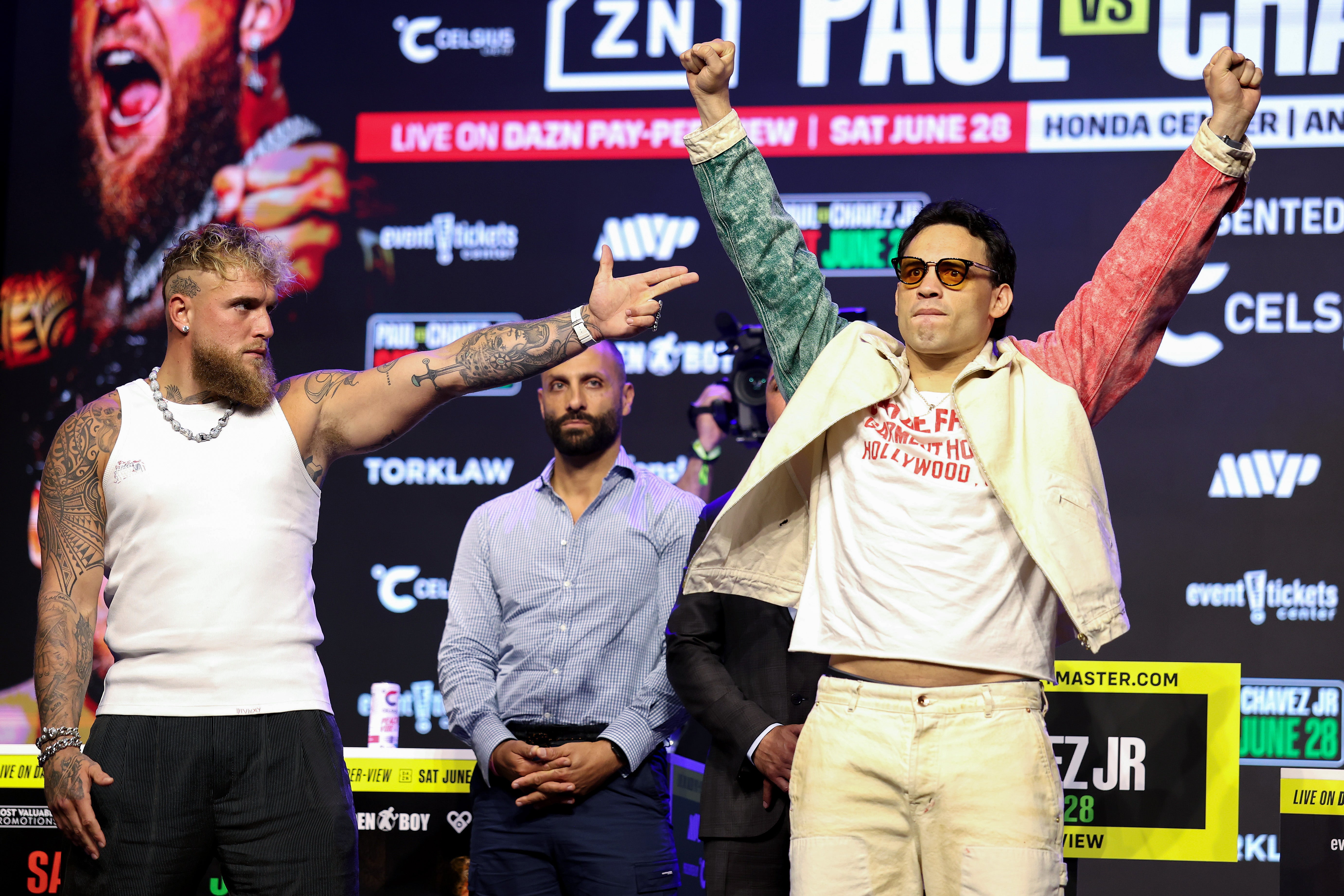 Jake Paul (left) at a press conference with Julio Cesar Chavez Jr