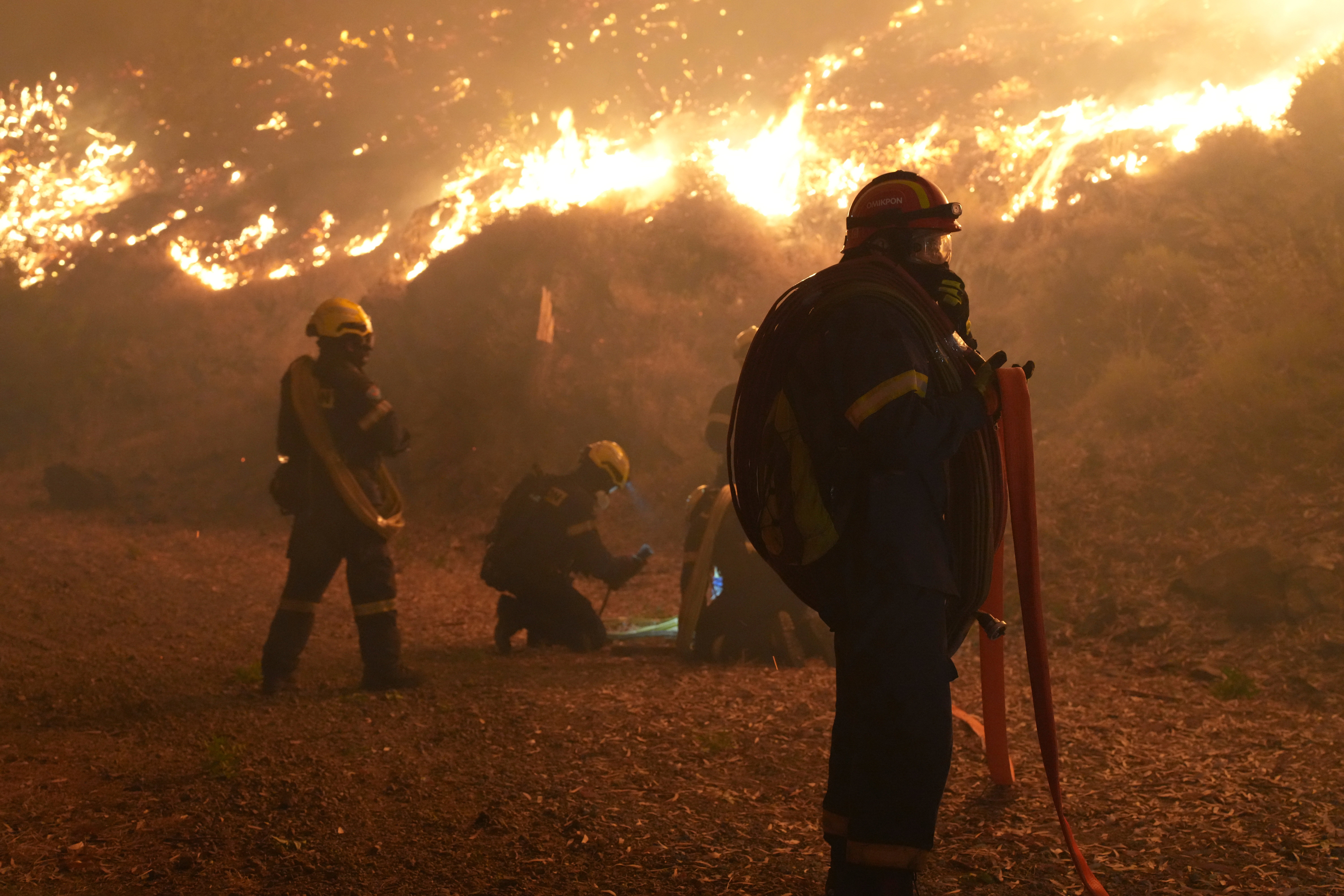 Firefighters tackle a wildfire in Kofinas, Greece