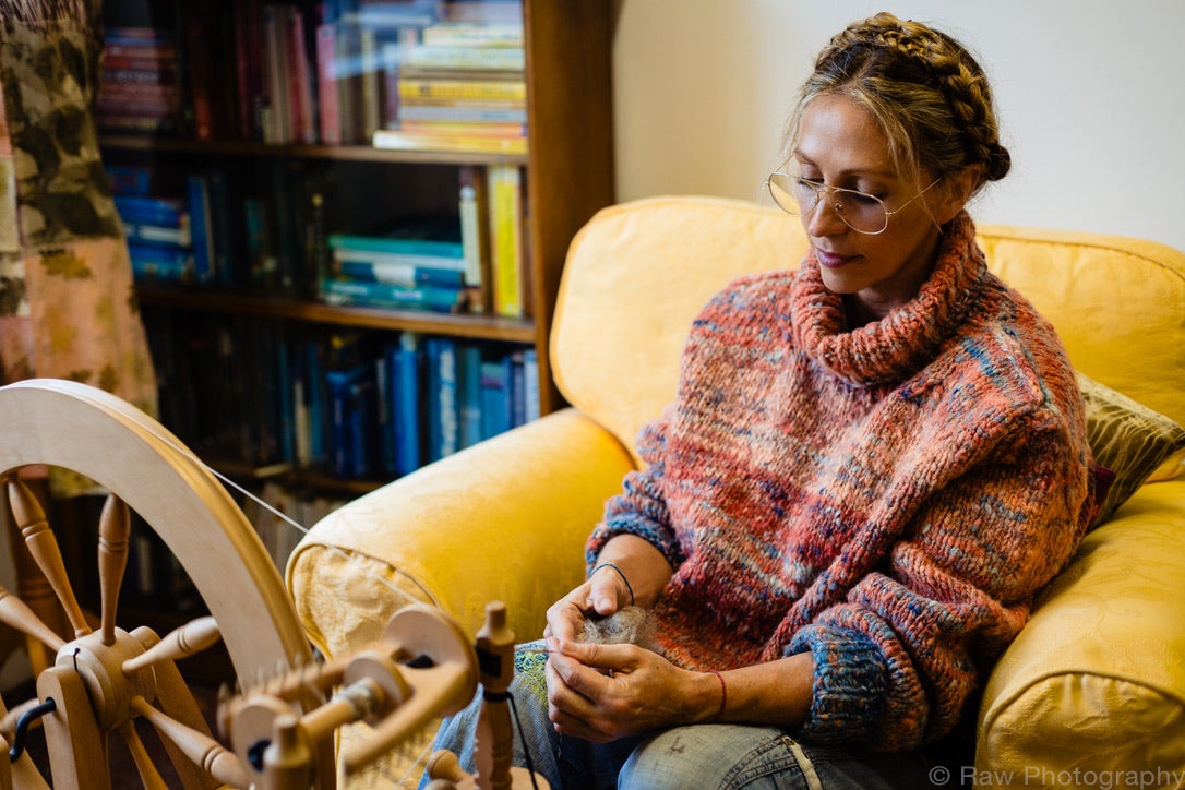 Justine Aldersey Williams hand spinning Woman Grows Jeans at The Wild Dyery