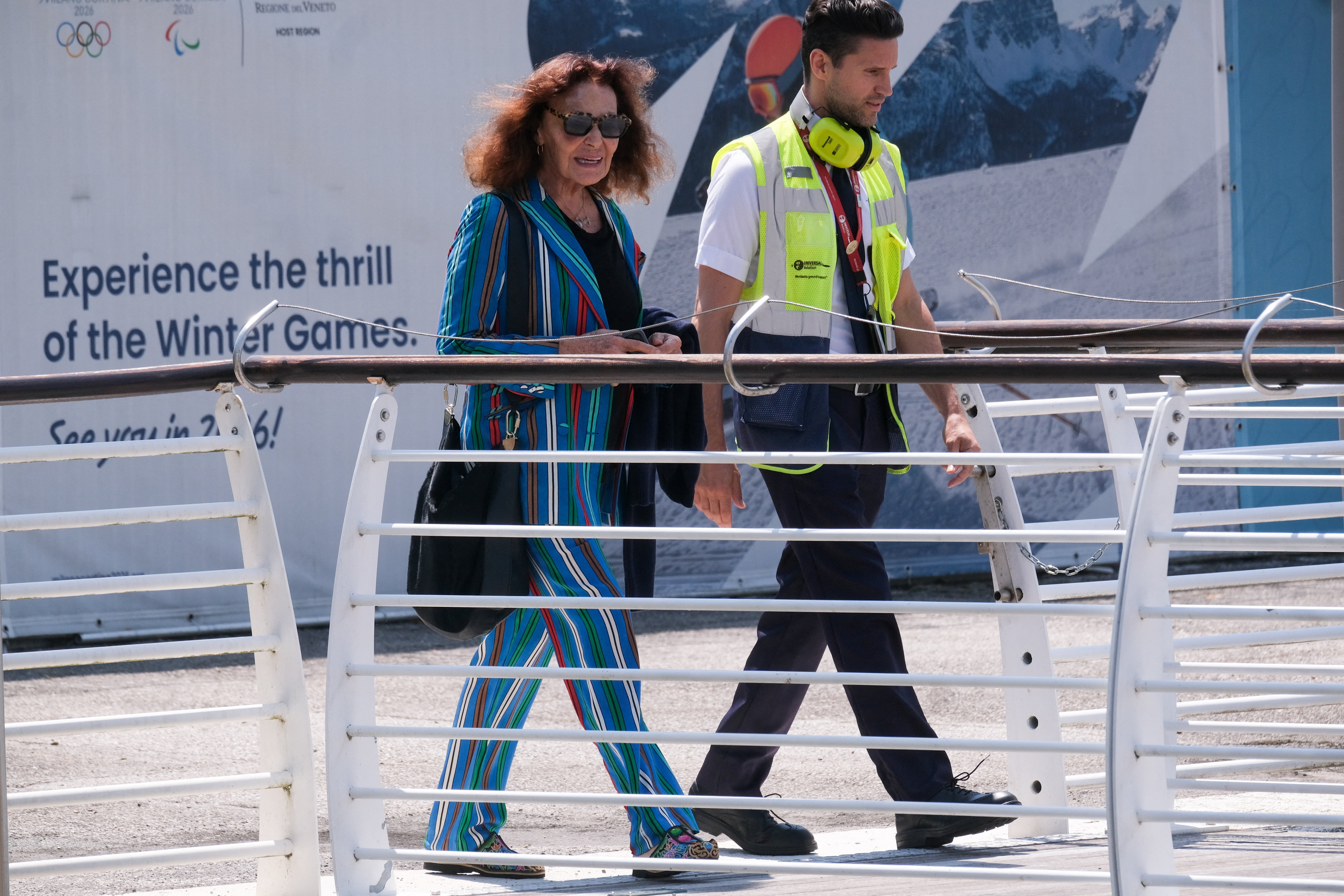 Fashion designer Diane von Furstenberg arrives at the Venice airport ahead of the wedding
