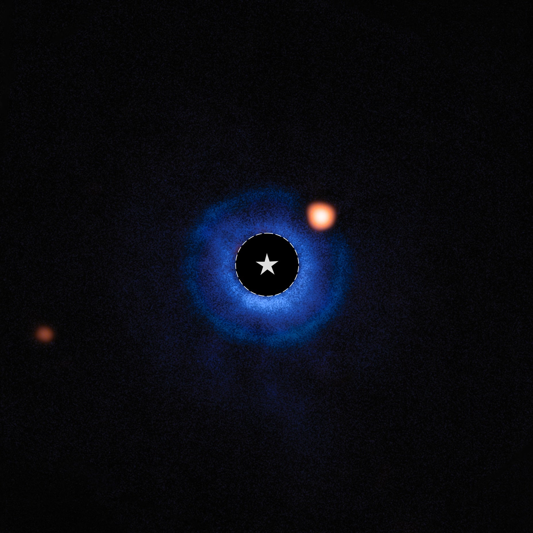 This image shows the exoplanet, in orange, around the blue debris disk around TWA 7. The exoplanet has a mass similar to Saturn