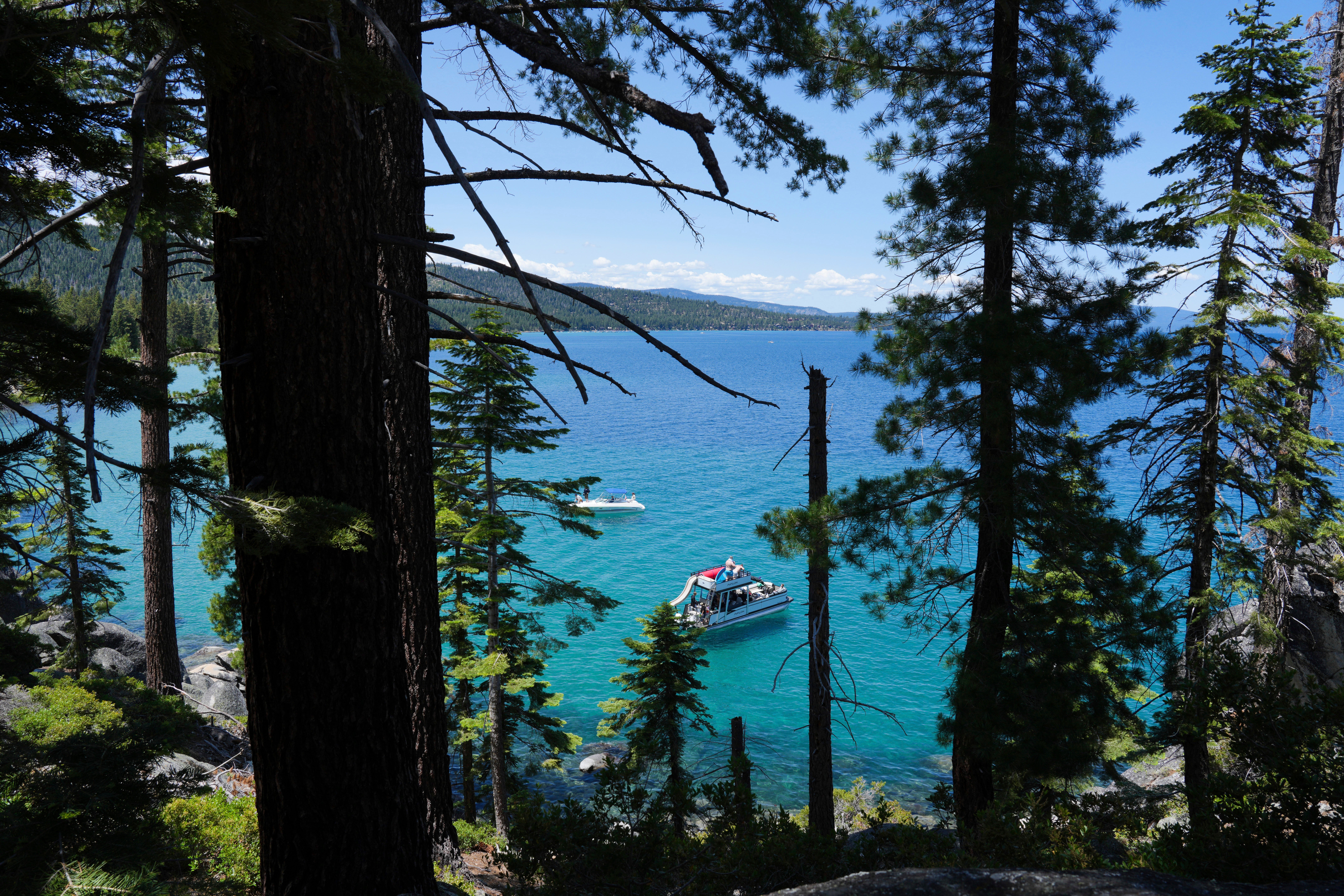 A boat carries visitors at D.L. Bliss State Park on Monday