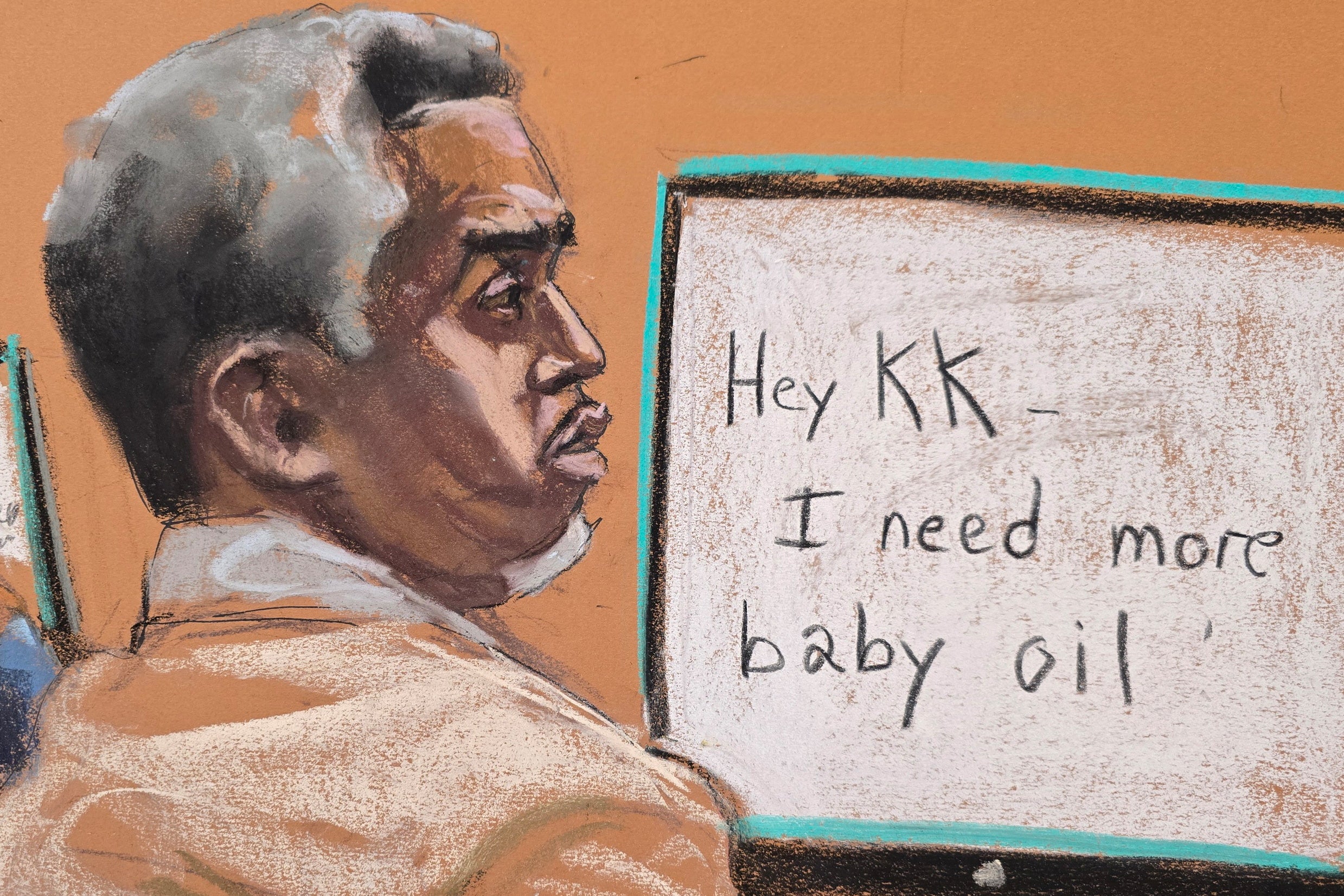 Sean Combs watches proceedings as text messages between him and his former chief of staff are shown in court on Monday