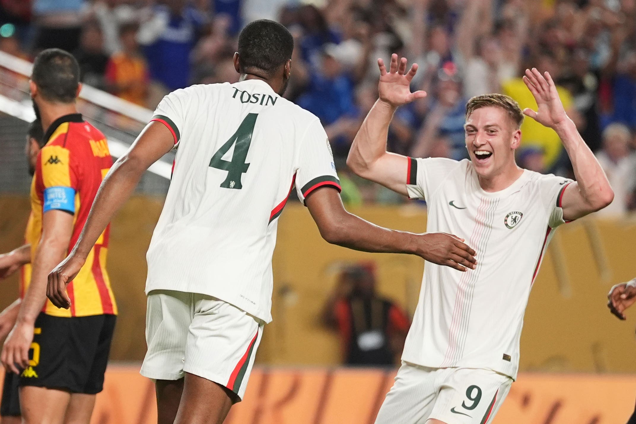 Chelsea’s Tosin Adarabioyo, left, is congratulated by teammate Liam Delap after scoring his team’s first goal during the Club World Cup Group D soccer match between Esperance Tunisie and Chelsea in Philadelphia (AP Photo/Matt Slocum)