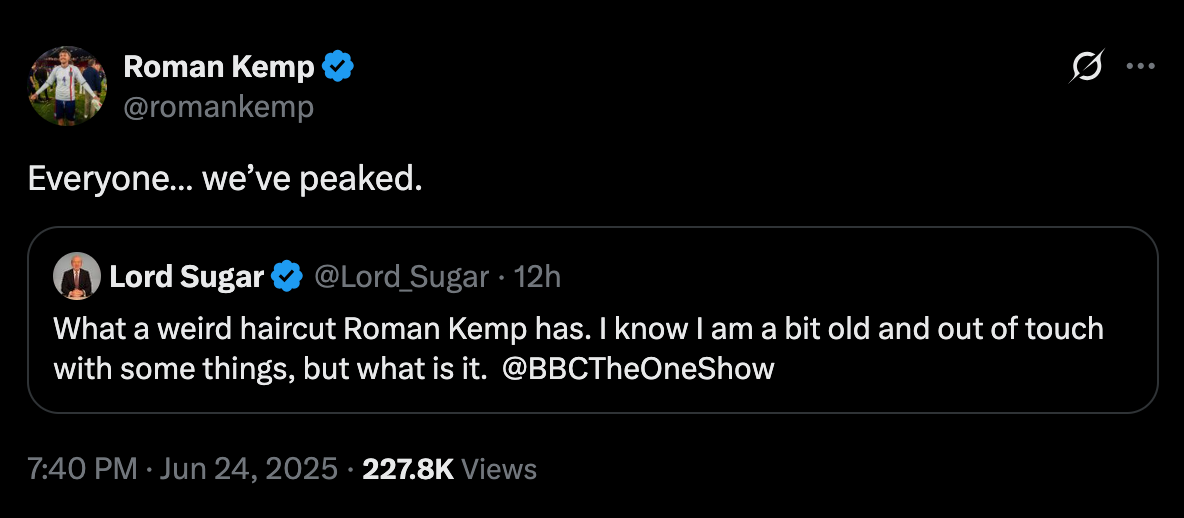 Roman Kemp took Lord Sugar’s criticism in his stride
