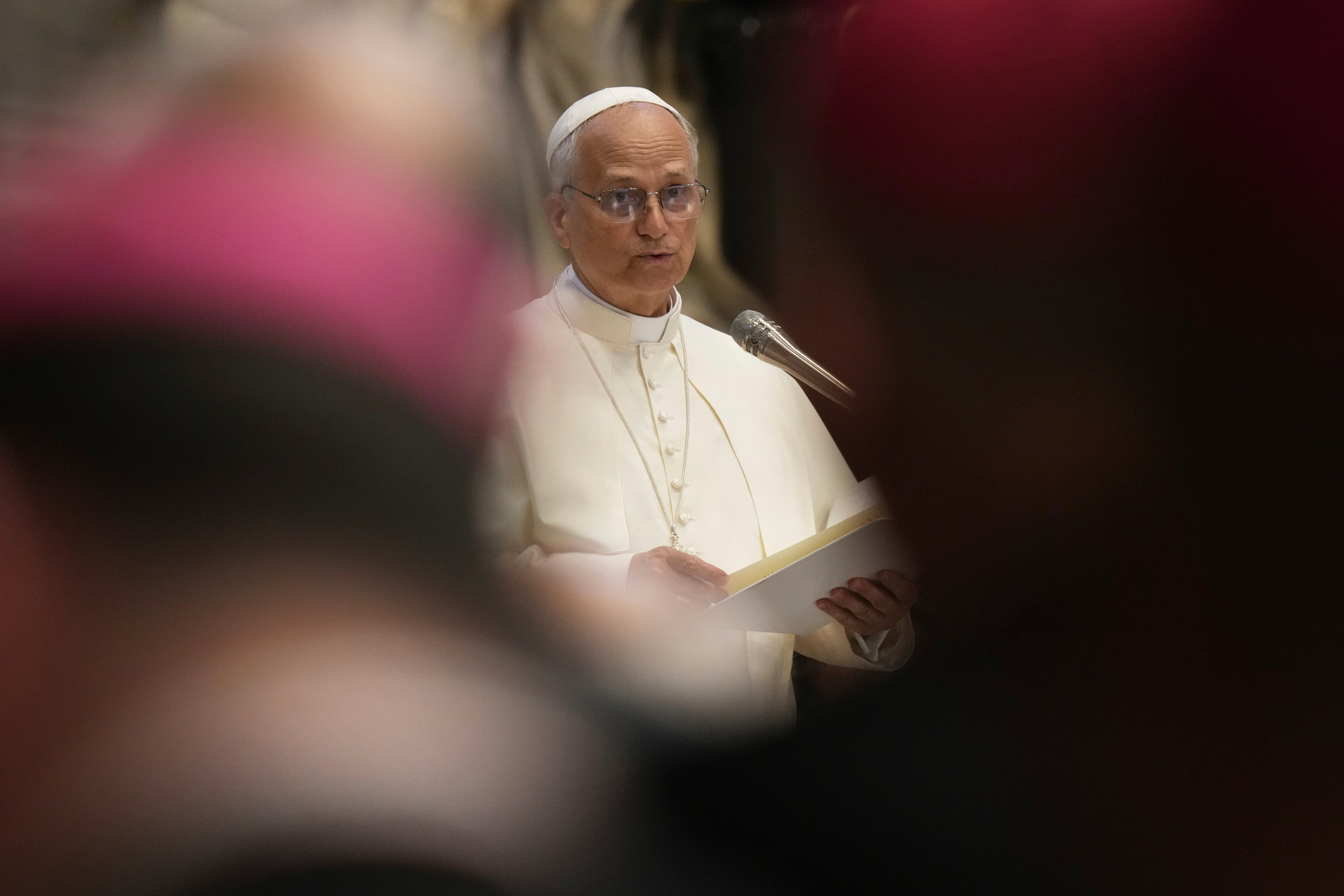 Pope Leo XIV leads a meditation with the participants into the Jubilee of Bishops inside St. Peter's Basilica