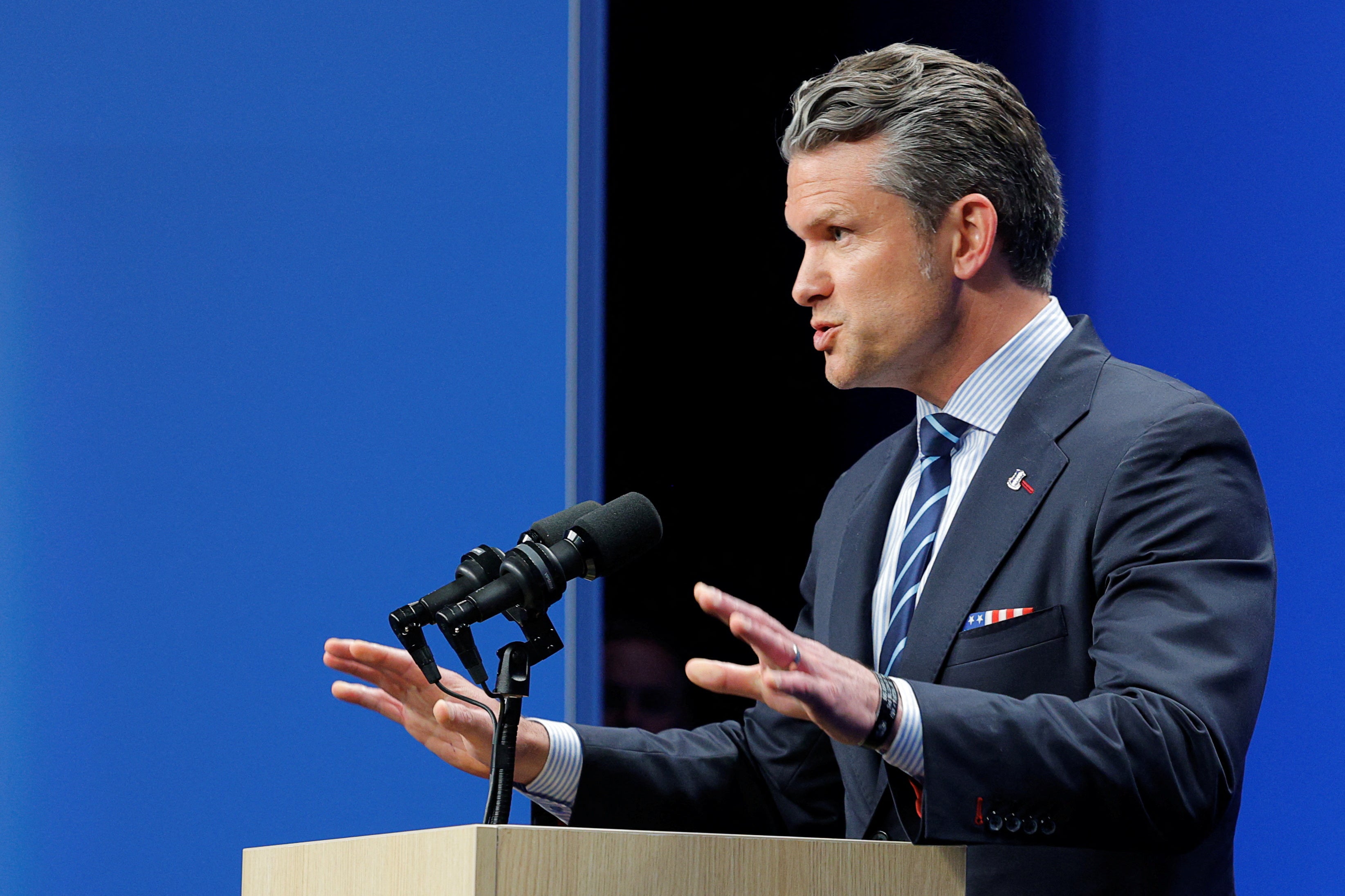 Defense Secretary Pete Hegseth addresses the media at a NATO summit in The Hague, The Netherlands, on Wednesday, June 25, 2025