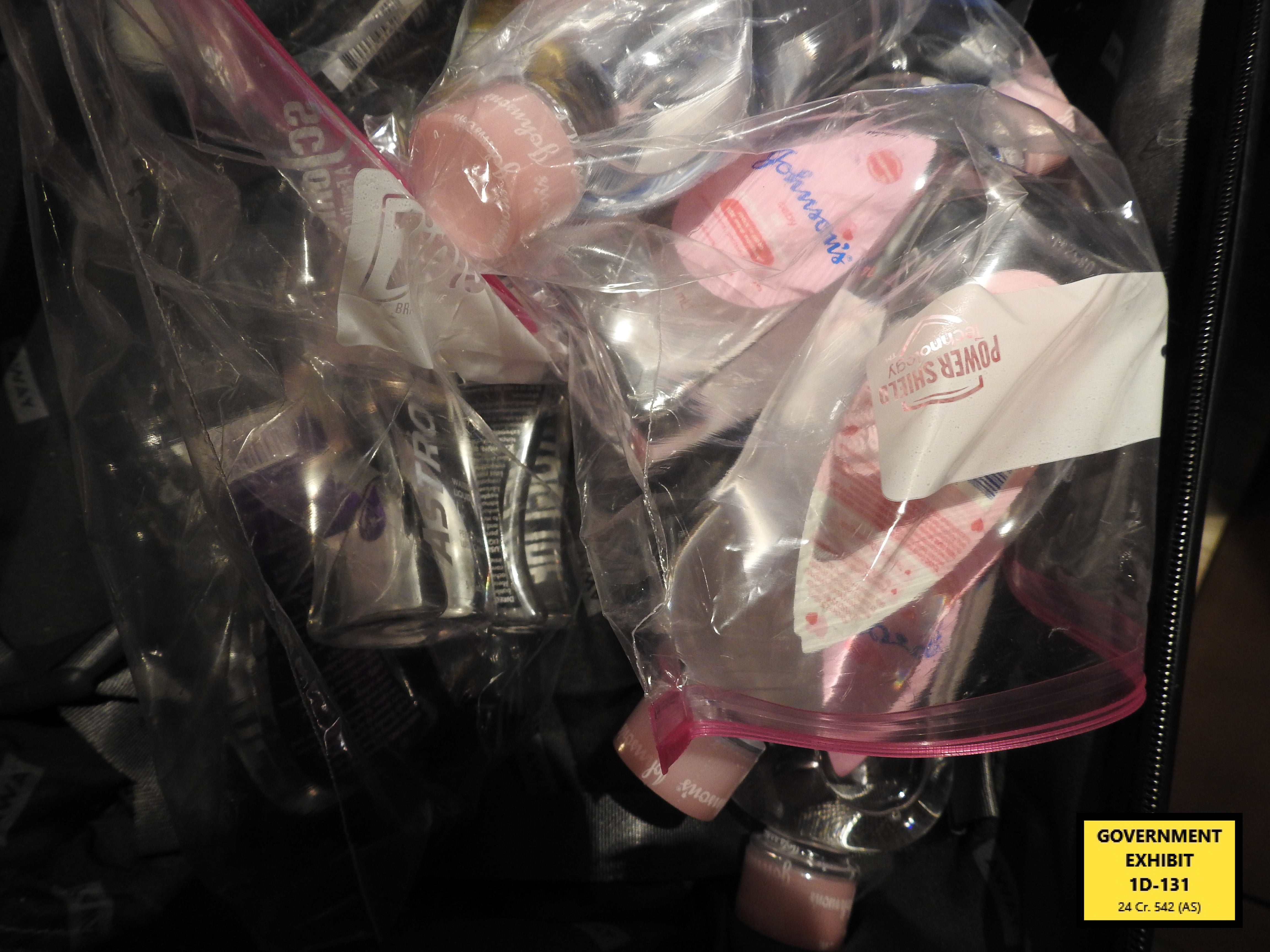 Bottles of baby oil seized at the Park Hyatt Hotel in New York City when federal agents raided Combs' room
