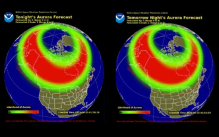 The National Oceanic and Atmospheric Administration’s Space Weather Prediction Center has shared forecast maps showing states from Alaska to Maine that may be able to see the northern lights Tuesday night and Wednesday night