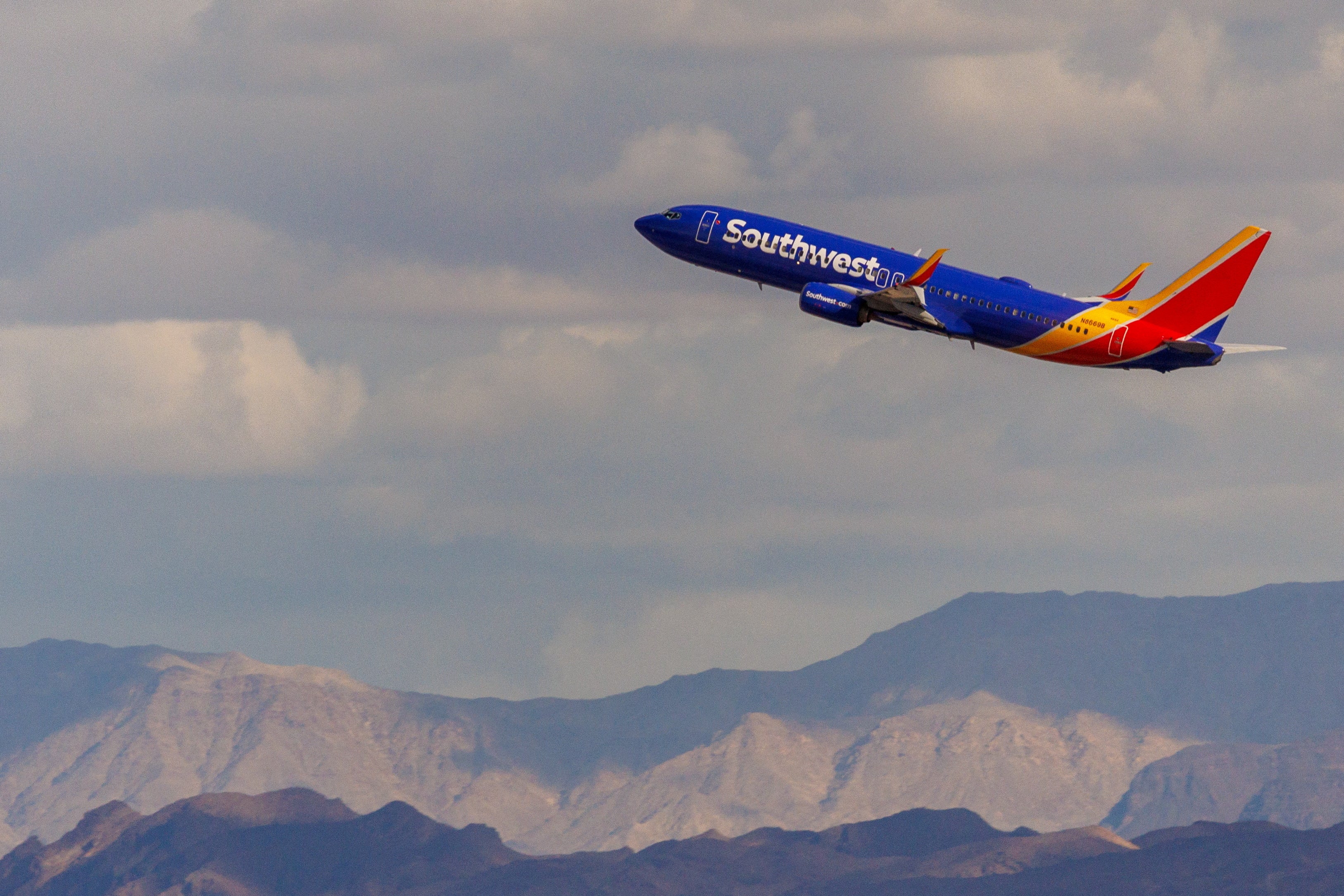 A Southwest commercial airliner takes off from Las Vegas International Airport
