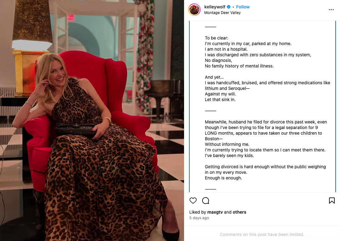 Kelley Wolf shared an update on Instagram, saying that she had been discharged from the hospital "with zero substances in my system" and "no diagnosis"