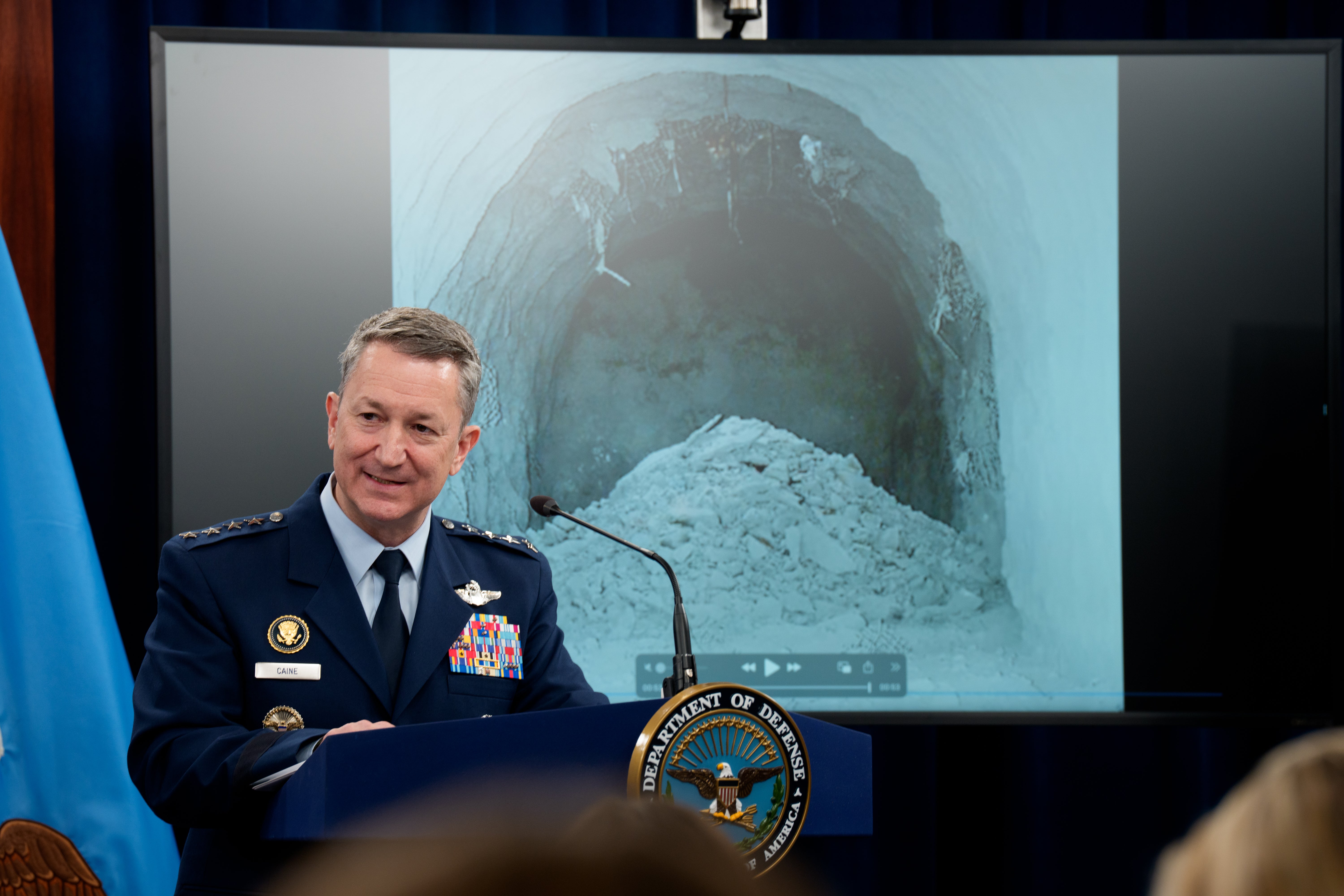 Chairman of the Joint Chiefs of Staff Air Force Gen. Dan Caine speaks after playing a video of a bombing test of the GBU-57A/B Massive Ordnance Penetrator (MOP) used in the attack on the Iranian Fordow Fuel Enrichment Plant.