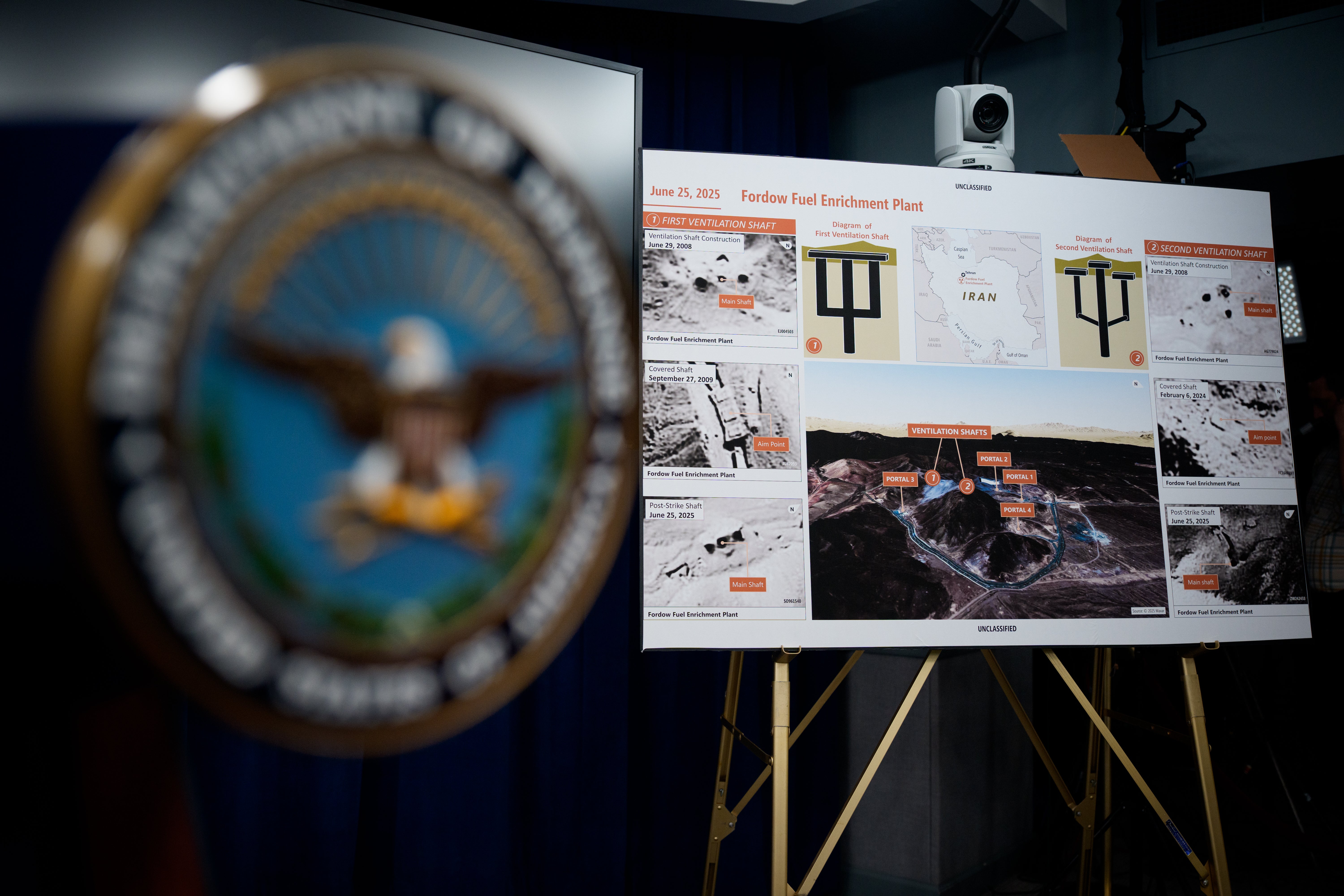 A poster of the Fordow Fuel Enrichment Plant is displayed following a news conference with Chairman of the Joint Chiefs of Staff Air Force Gen. Dan Caine and U.S. Defense Secretary Pete Hegseth at the Pentagon on June 26, 2025 in Arlington, Virginia.