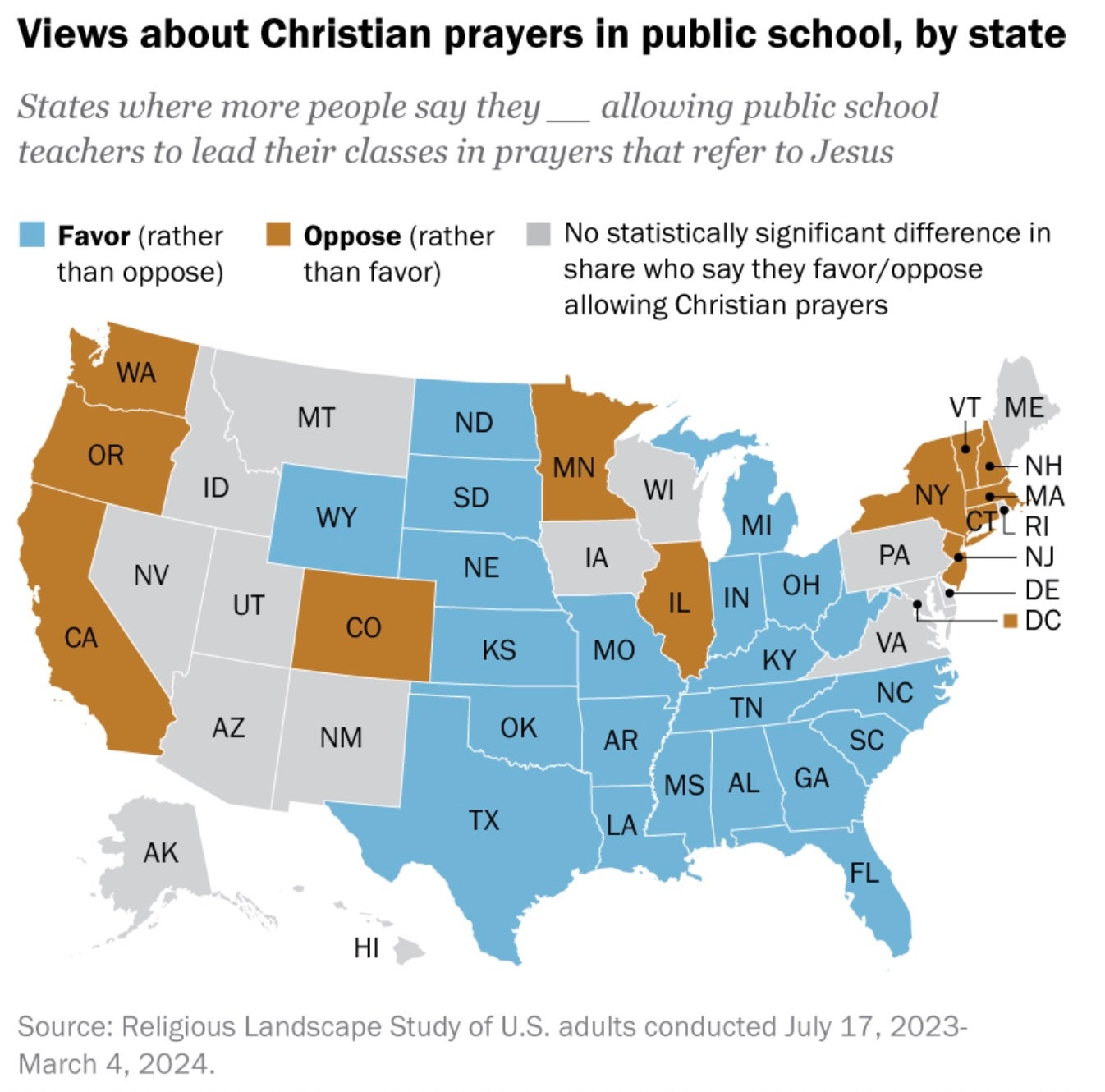 Views about Christian prayer in public schools by state