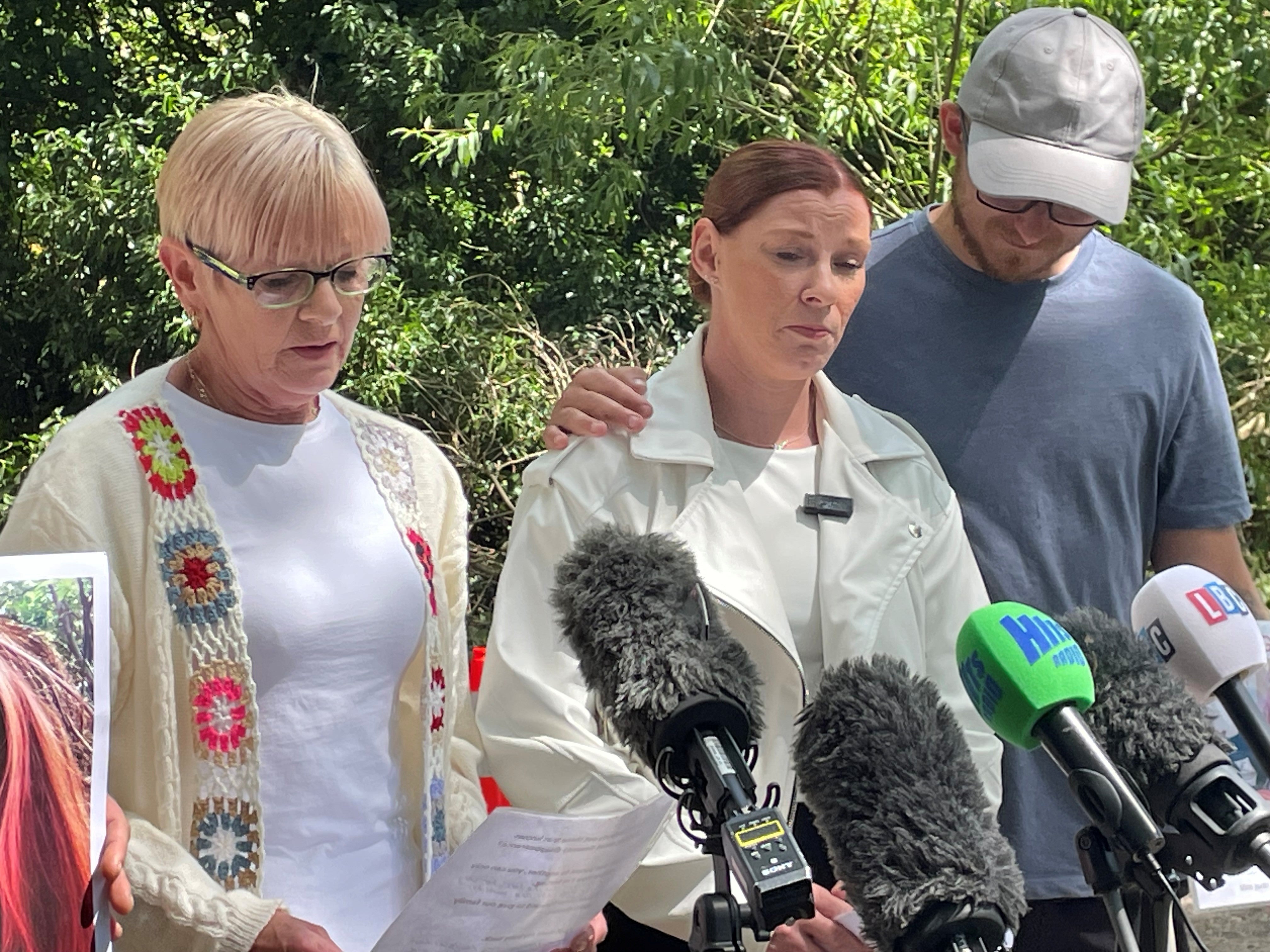 Relatives of missing Coventry woman Reanne Coulson, including her mother Lynne Sparkes (left) and her twin sister Kirsten Coulson (centre), appeal for information at a press conference in Binley Woods, near Coventry