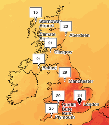 Met Office forecasts it will be 34C degrees in London on Monday