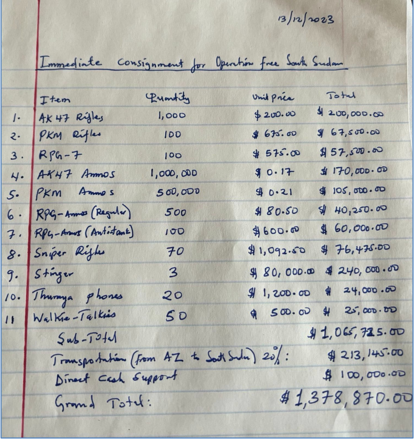 The DOJ shared a hand-written list of weapons for ‘Immediate consignment for Operation Free South Sudan’ in the criminal complaint against Ajak and Keech.