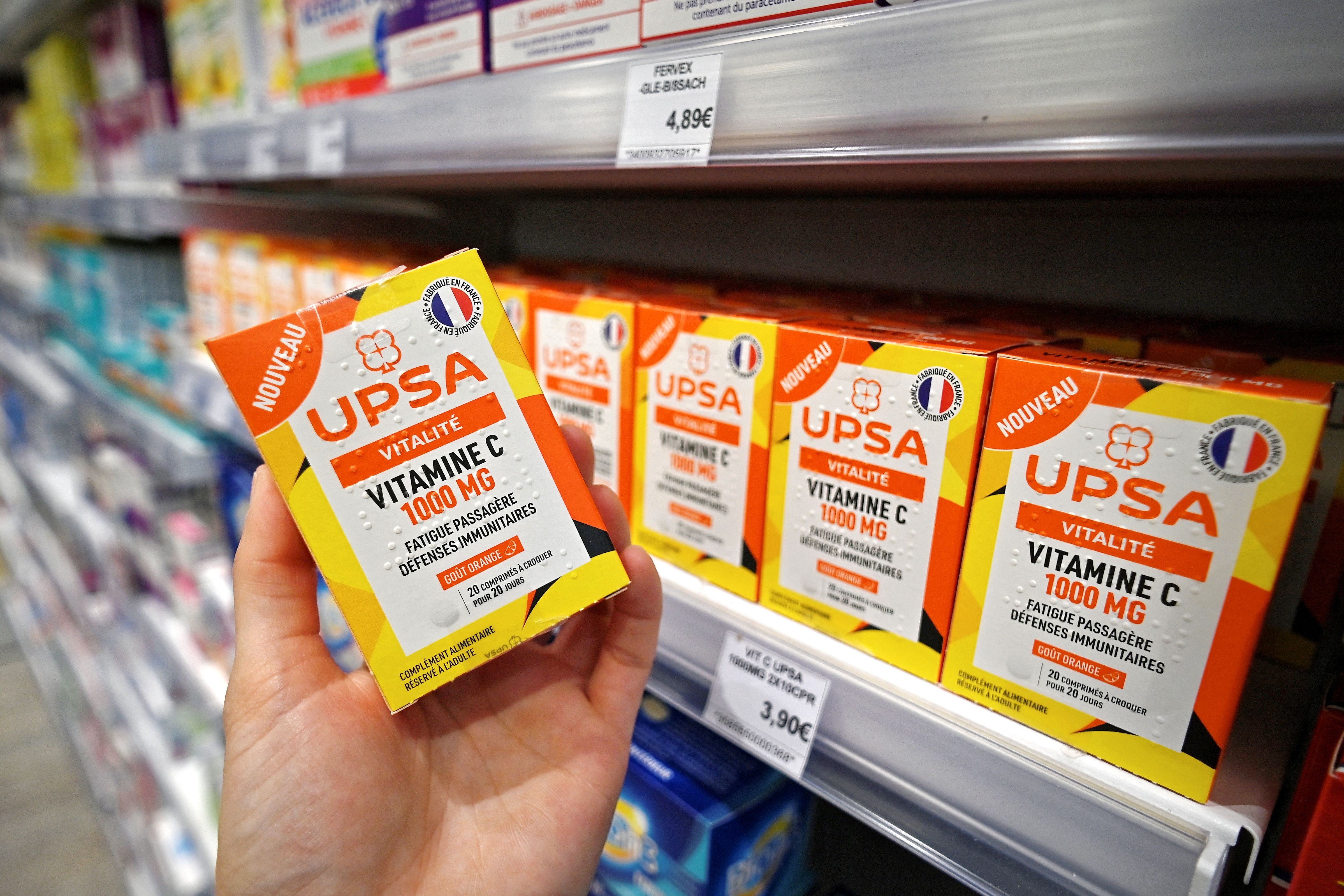 Boxes of vitamin C on a pharmacy shelf in Colomiers, France