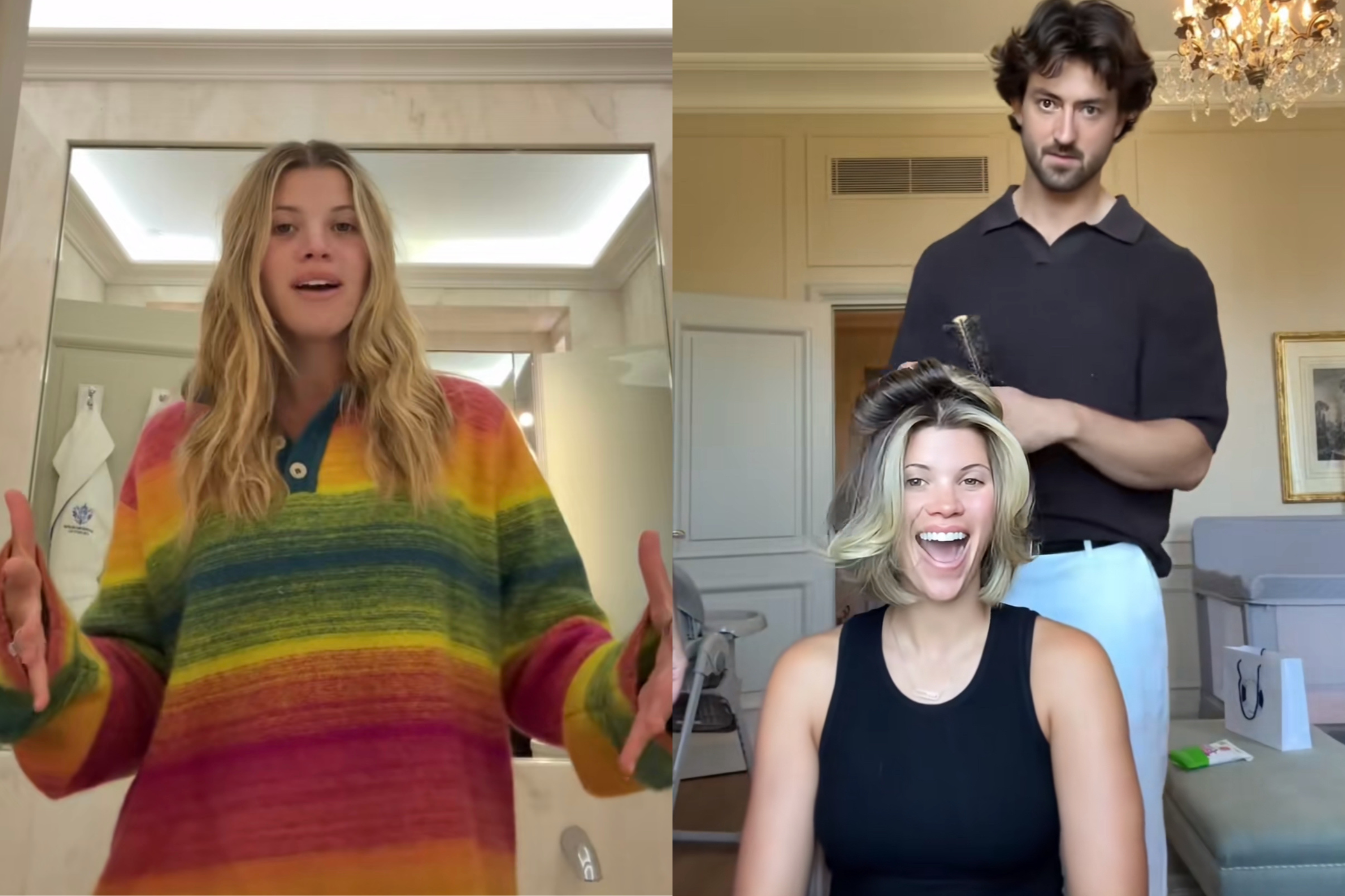 Richie-Grainge's hair before and during her styling session, alongside hairdresser George Curran