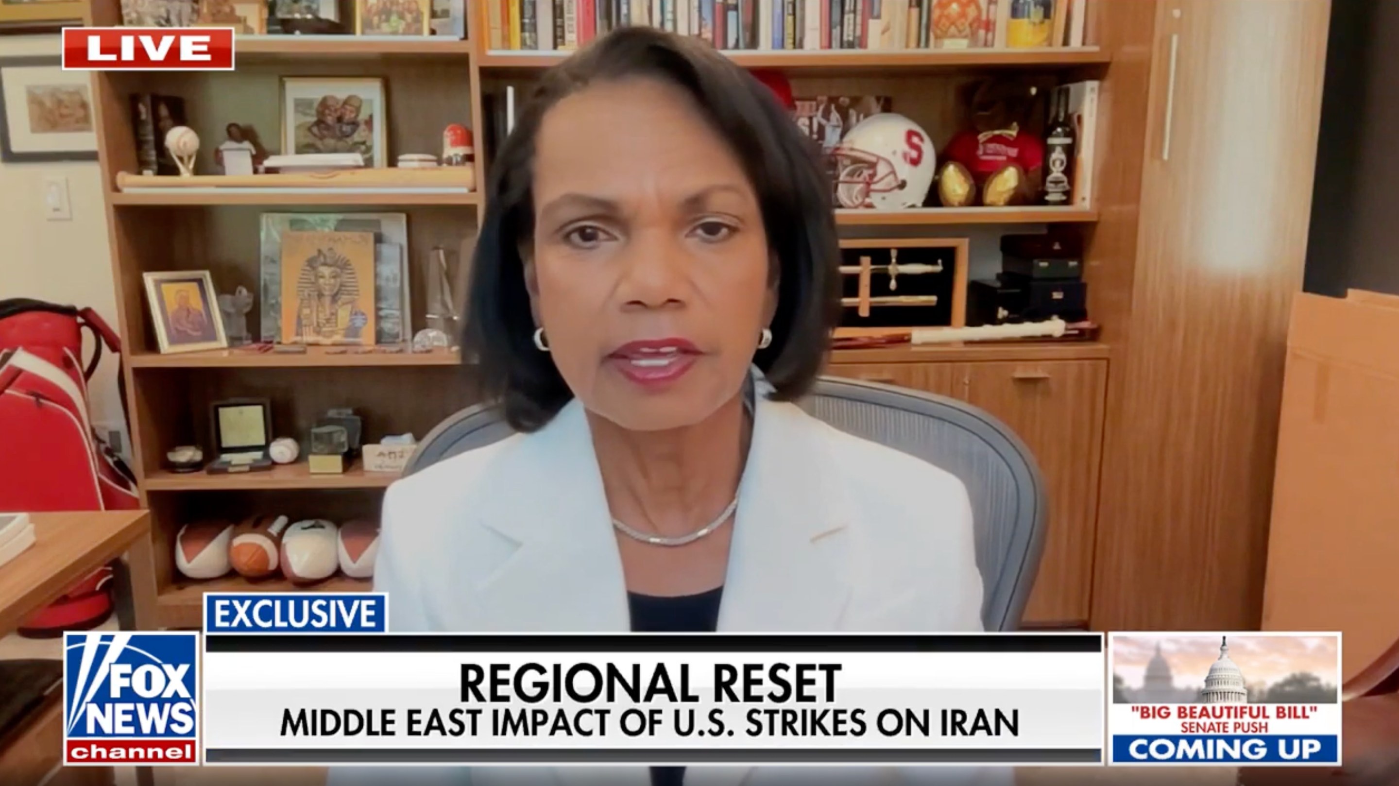 Condoleezza Rice speaks to Bret Baier on Fox News on Thursday June 26 2025