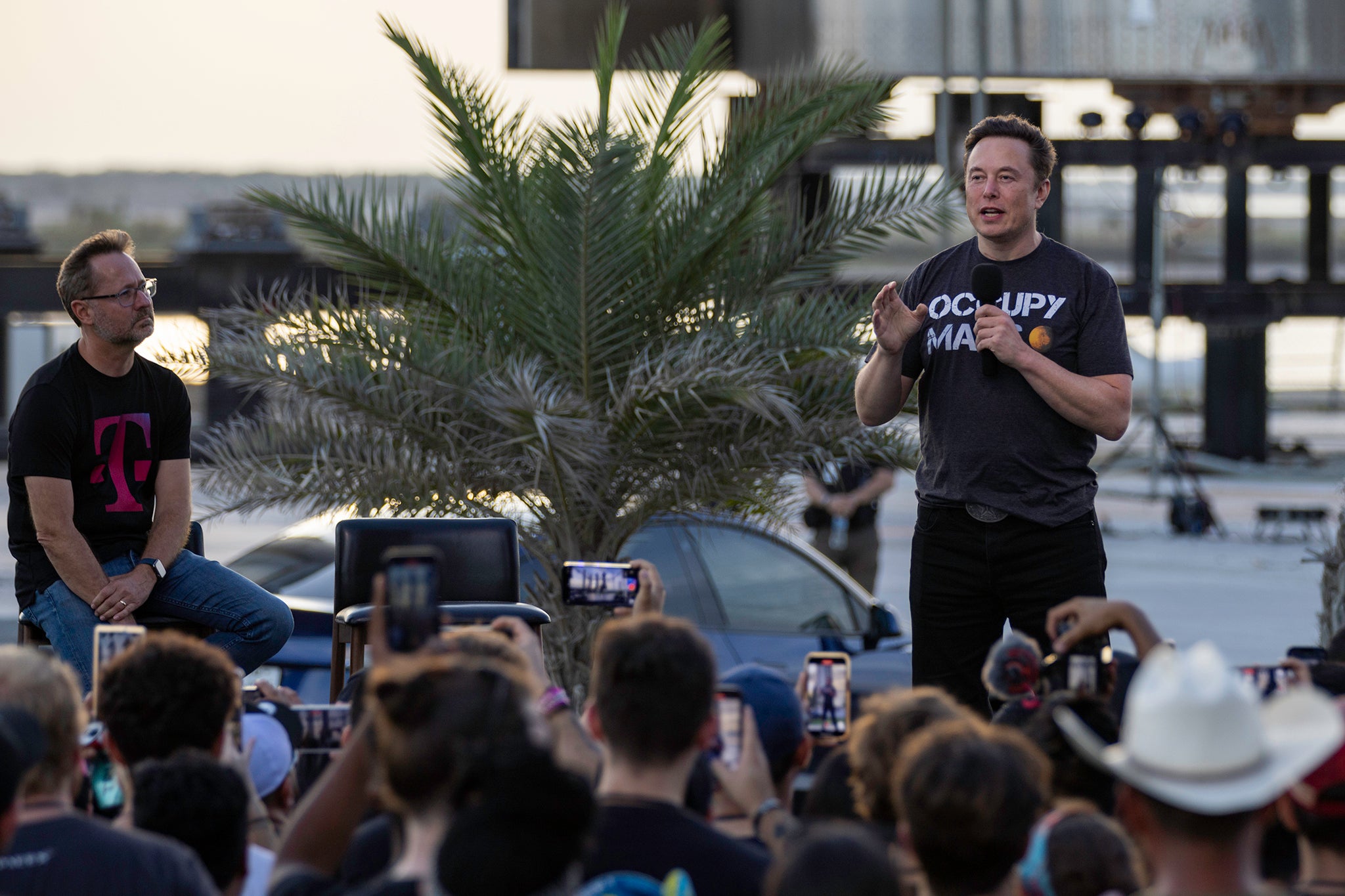 Musk addresses his audience at the Starbase facility in Boca Chica