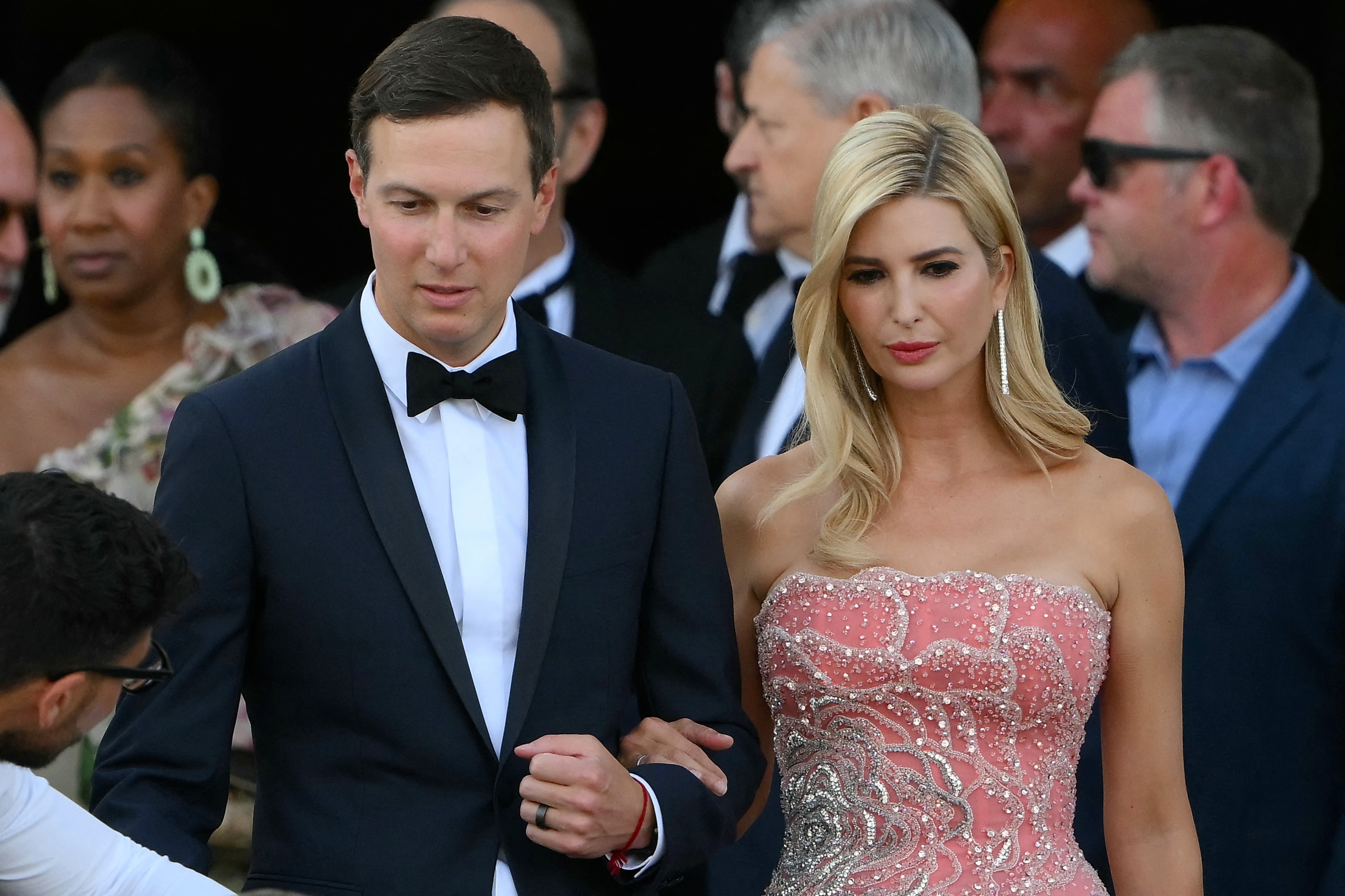 The president’s daughter’s salmon pink gown was adorned with jewels spiralling out in a rose formation