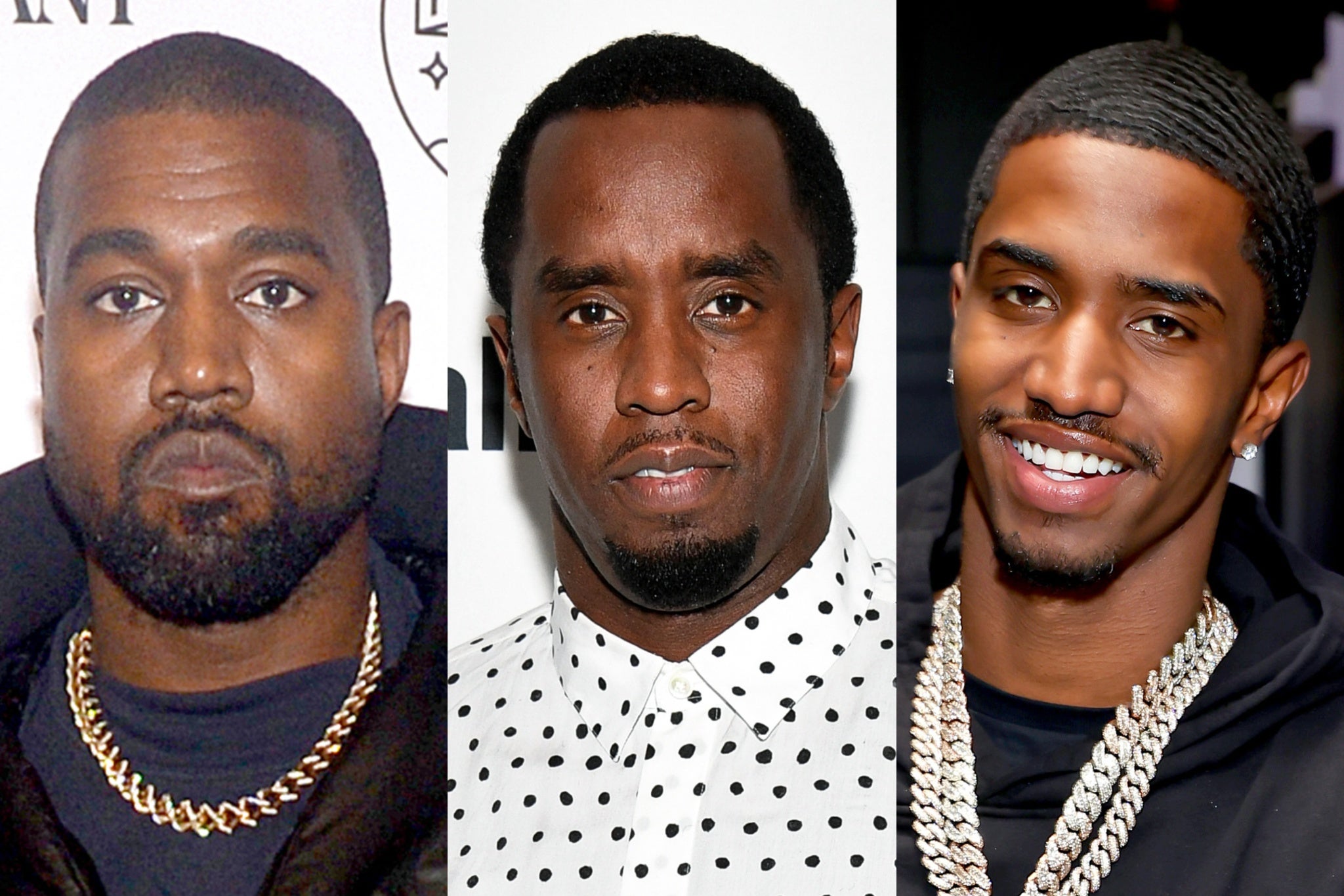 Kanye West (links) en christelijke 'King' Combs (rechts) hebben een lied uitgebracht ter ondersteuning van de vader van laatstgenoemde, omringd rapmogul Sean 'Diddy' Combs