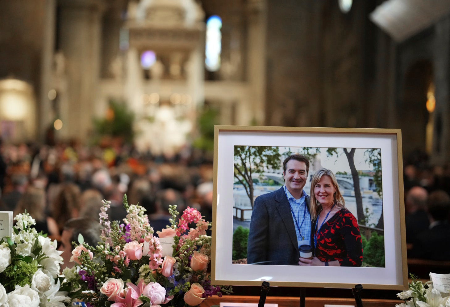 Pictures of Melissa and Mark Hortman at their memorial service in July 2025