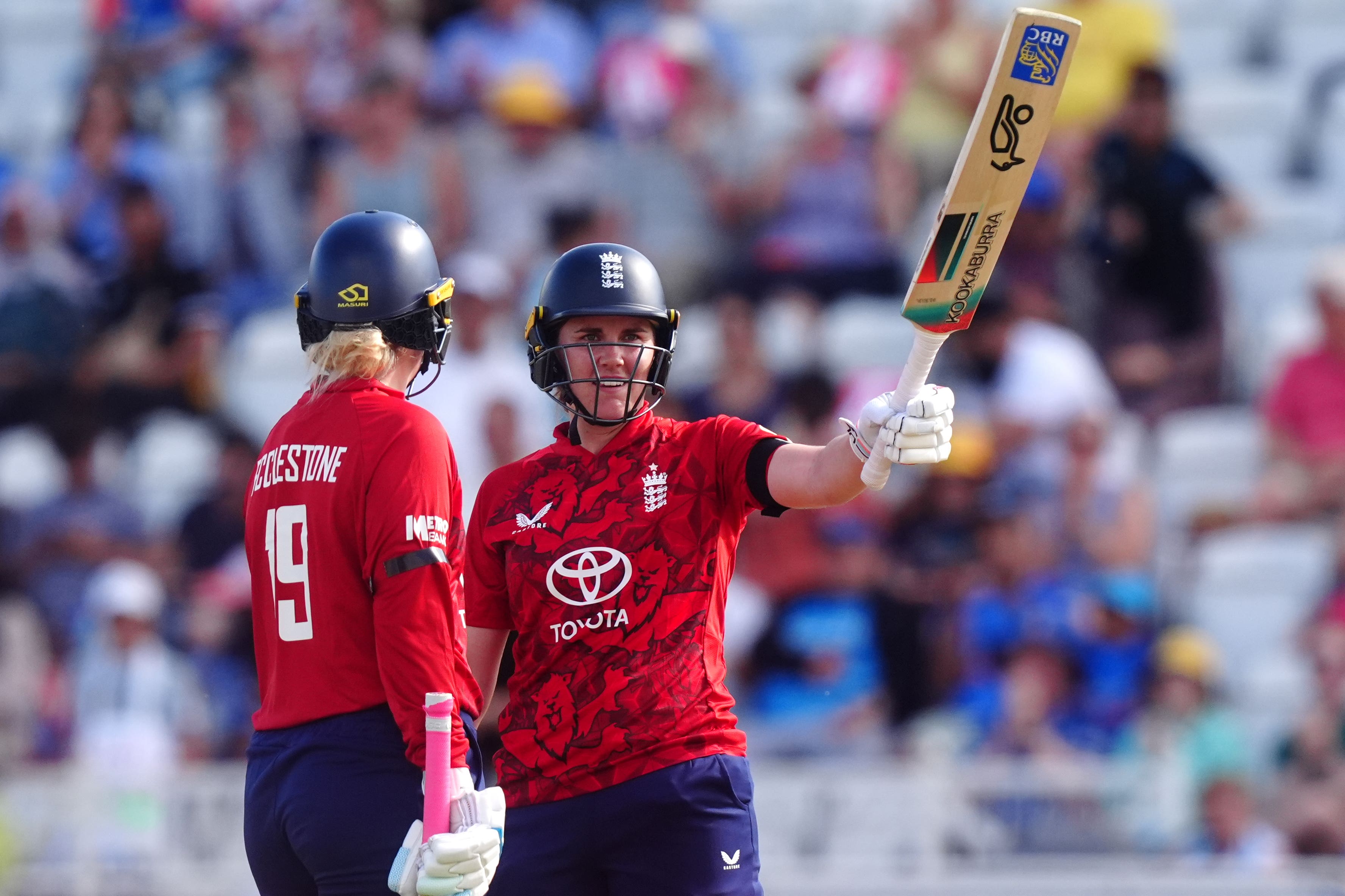 England’s Nat Sciver-Brunt celebrates making fifty runs during the second Women’s International T20 at Trent Bridge, Nottingham. Picture date: Saturday June 28, 2025.