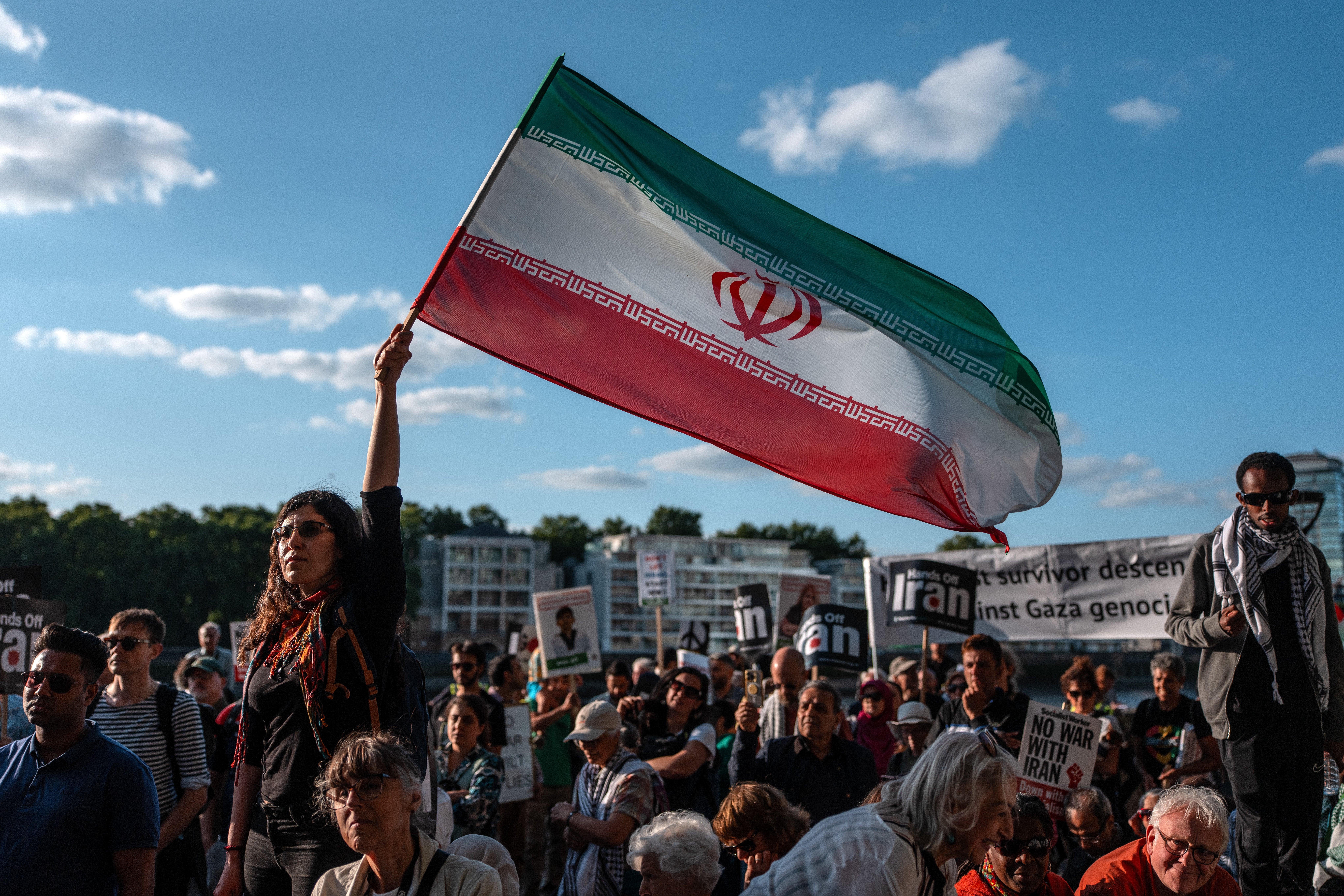 Demonstrators gather to protest outside the US embassy in London following president Donald Trump's announcement that American forces had struck nuclear facilities in Iran