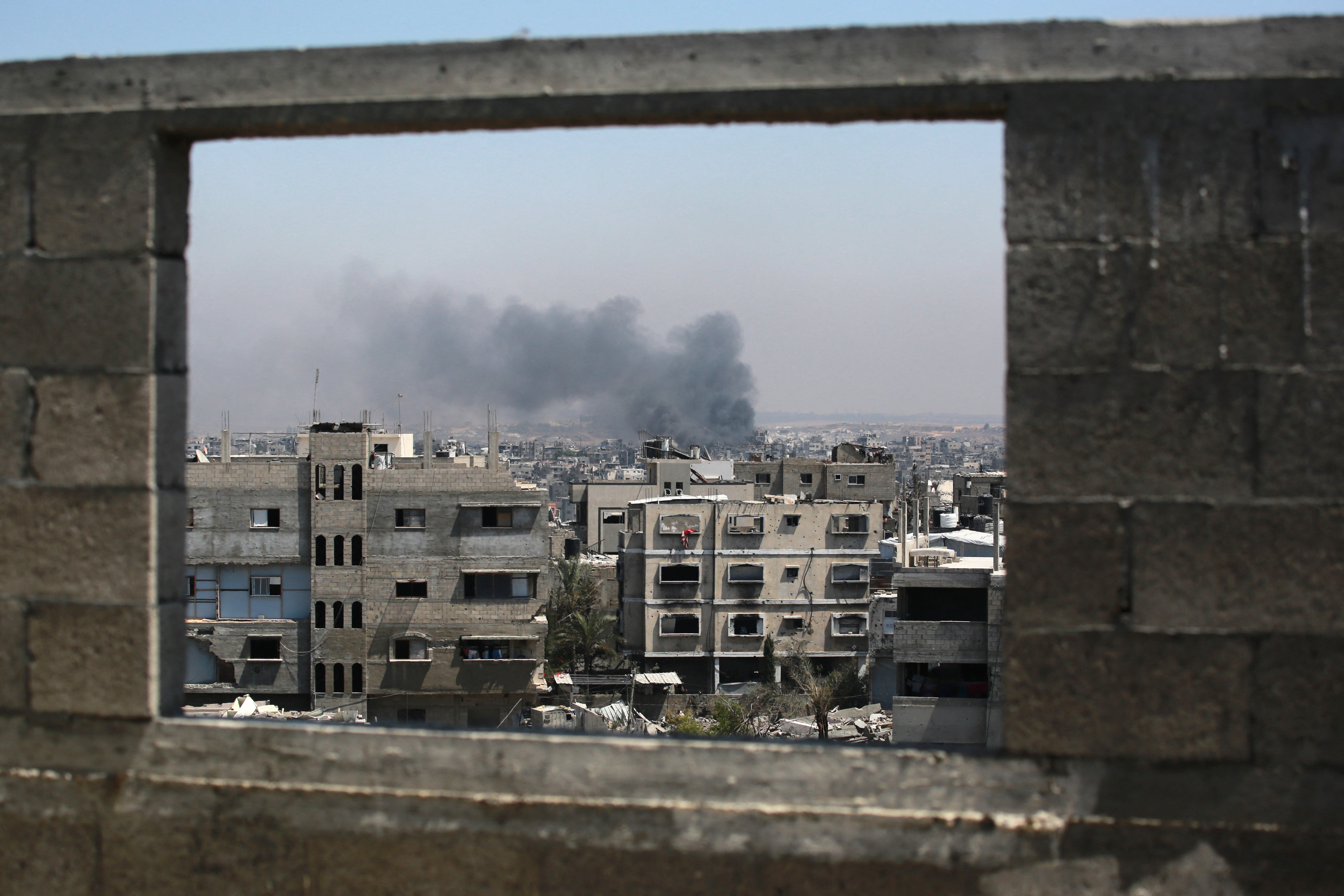 Smoke billows after an Israeli strike on Jabalia in the northern Gaza Strip on Friday