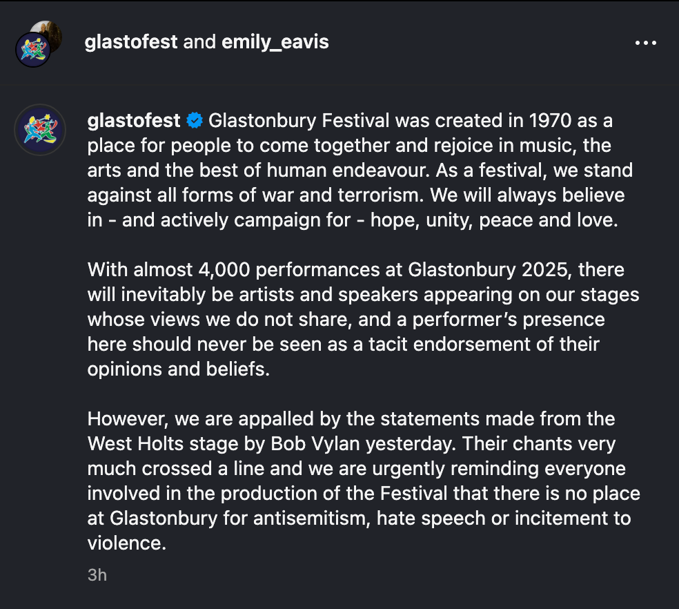 Glastonbury Festival’s Bob Vylan statement in full