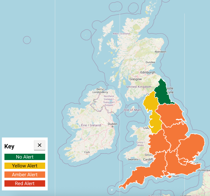 An amber heat health alert, covering London, the East Midlands, South East, South West and East of England, is in place until 6pm on Tuesday