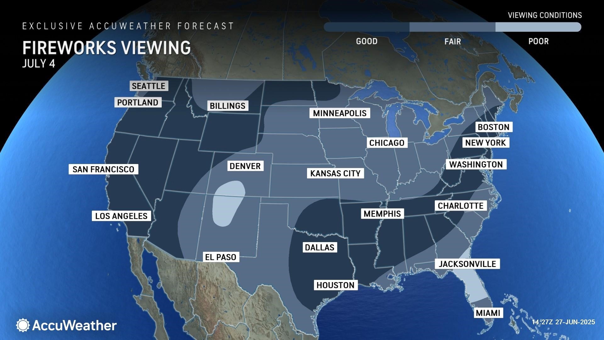 A map shows where fireworks viewing conditions are expected to be the best and the worst this Fourth of July across the U.S. Some 72.2 million Americans are projected to travel for the holiday, potentially facing stormy weather