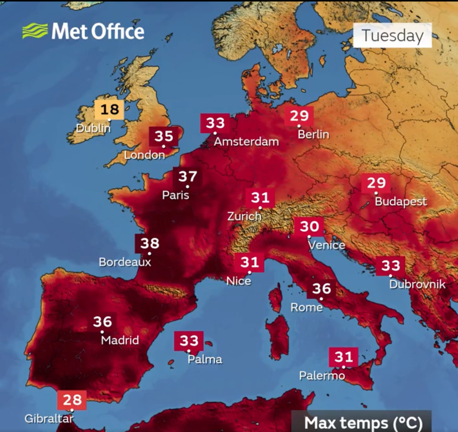 The UK will see temperatures of 35C on Tuesday as Europe experiences a heatwave