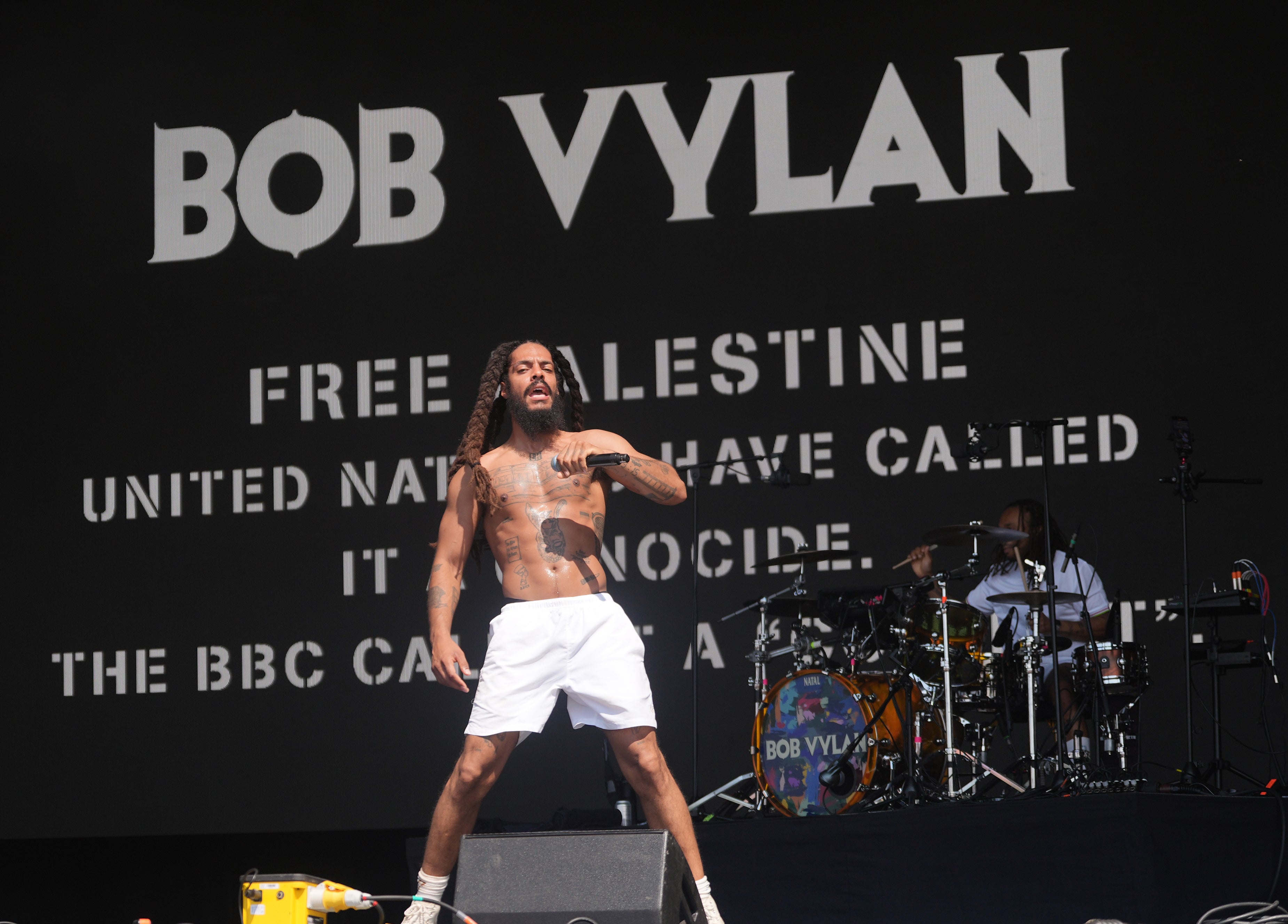 <p>Bob Vylan performing at Glastonbury (Yui Mok/PA)</p>