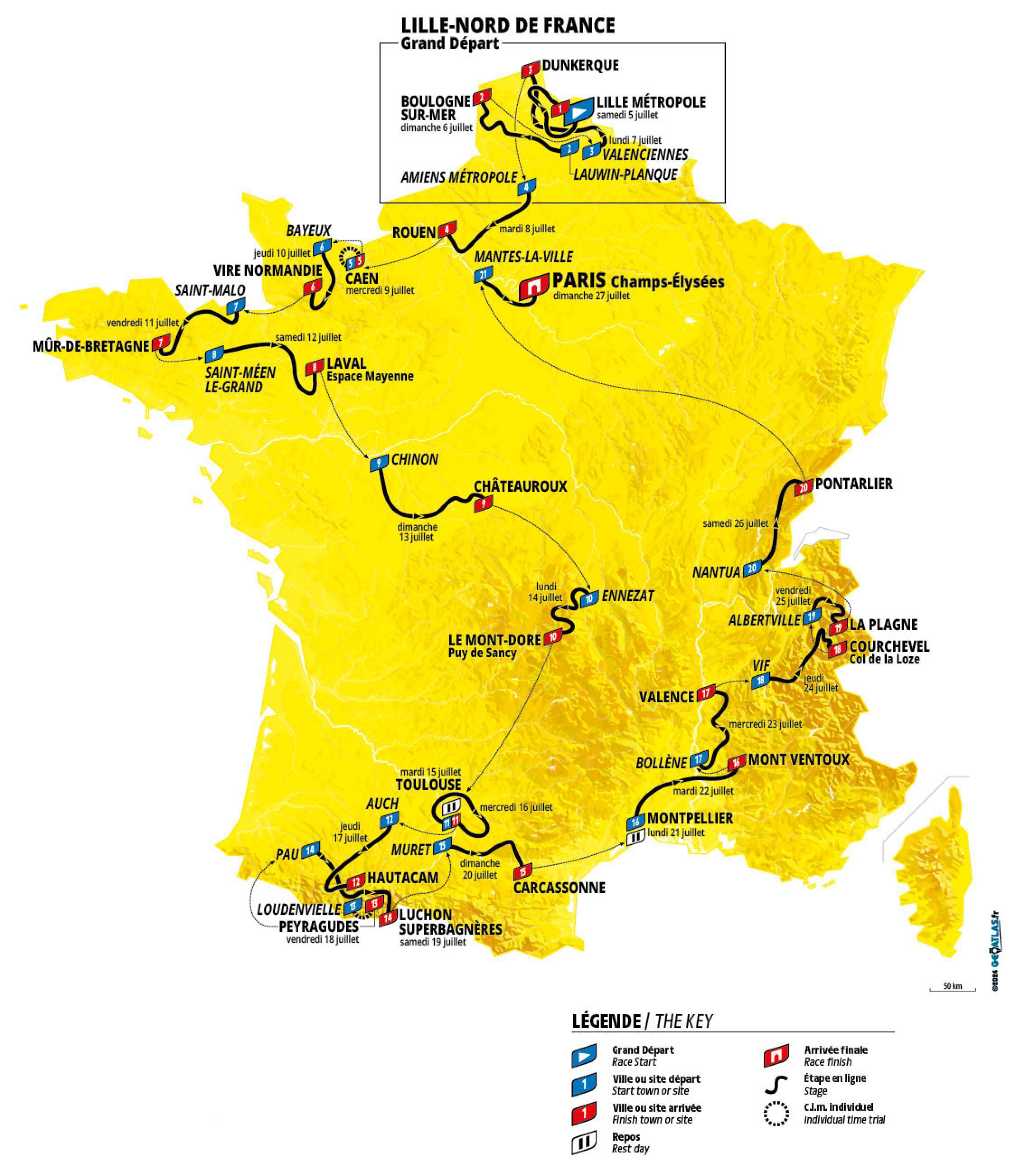 A map of the 2025 Tour de France route
