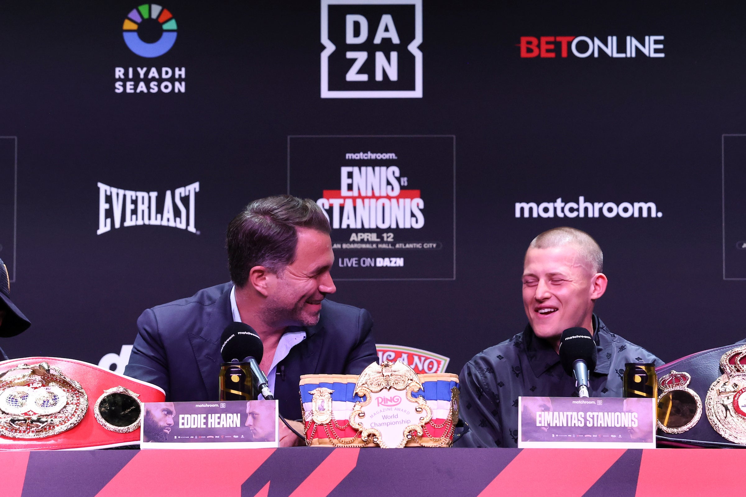 Eddie Hearn jokes with Eimantas Stanionis