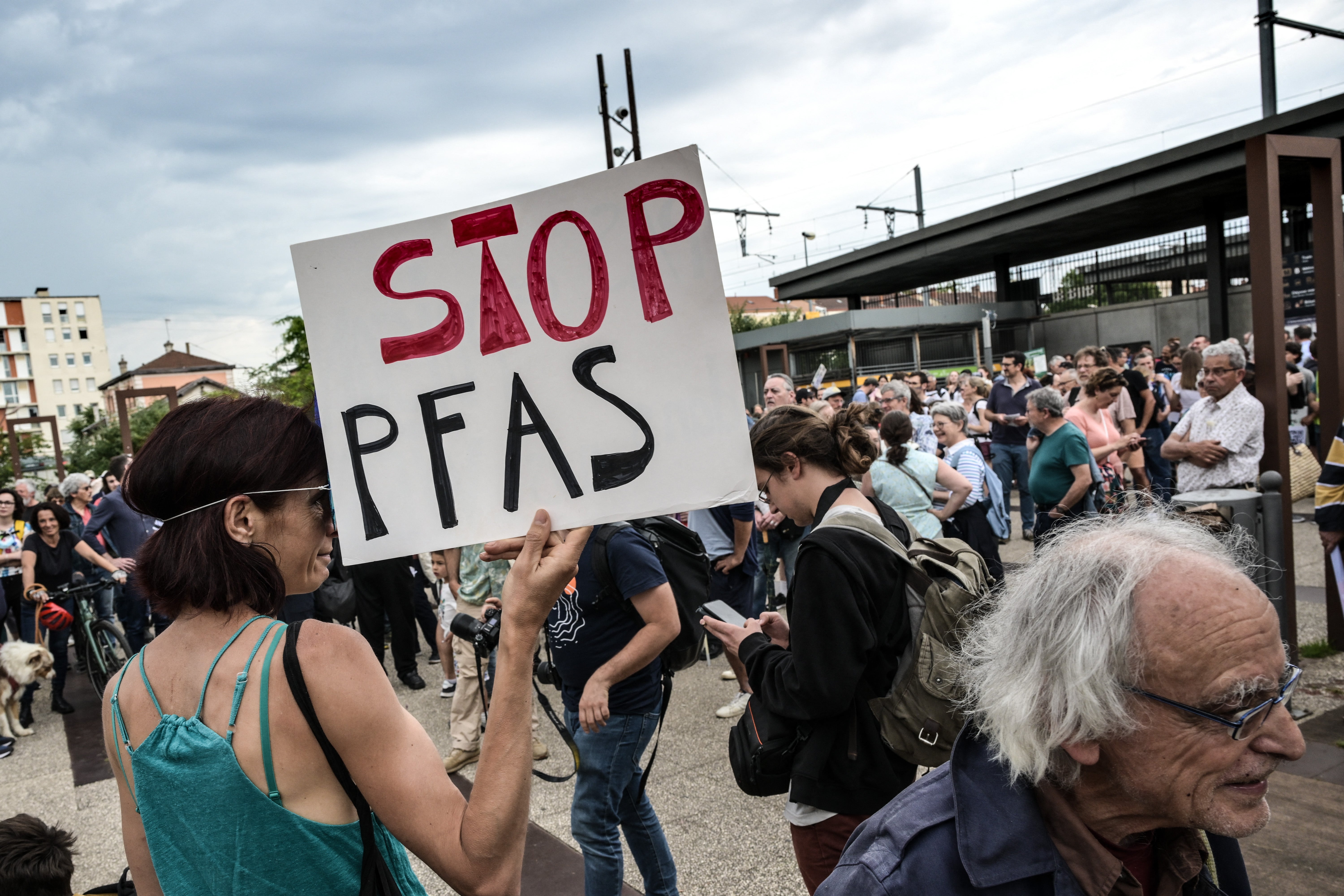 Demonstrators gather at a rally to protest against forever chemicals in the US, which has some of the most stringent laws on PFAS in drinking water