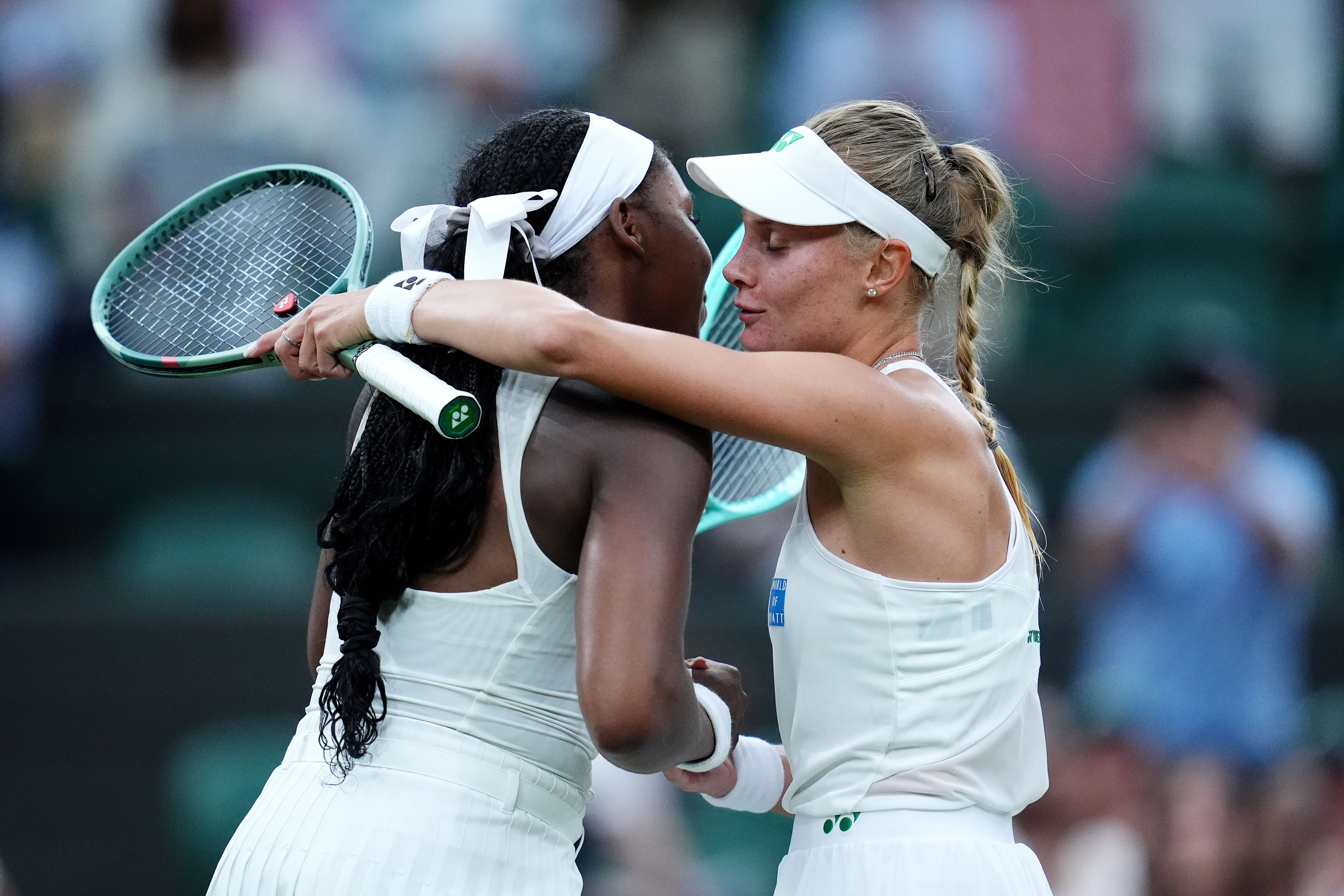 Coco Gauff, left, and Dayana Yastremska at Wimbledon 2025