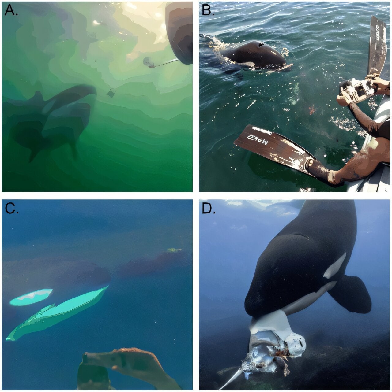 Killer whales offer food to humans