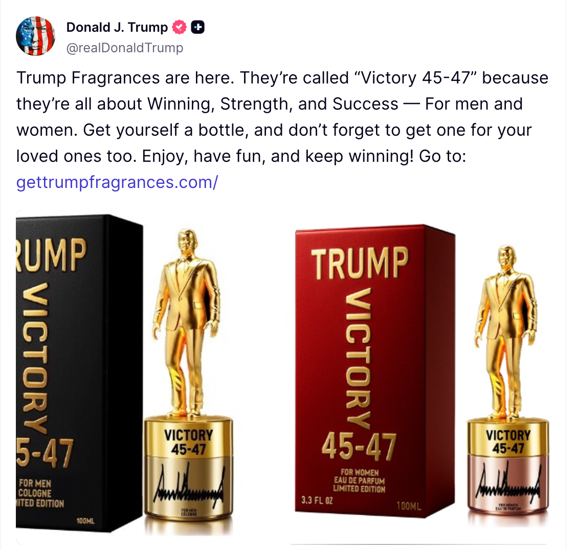 Trump's post on Truth Social, advertising his new perfume